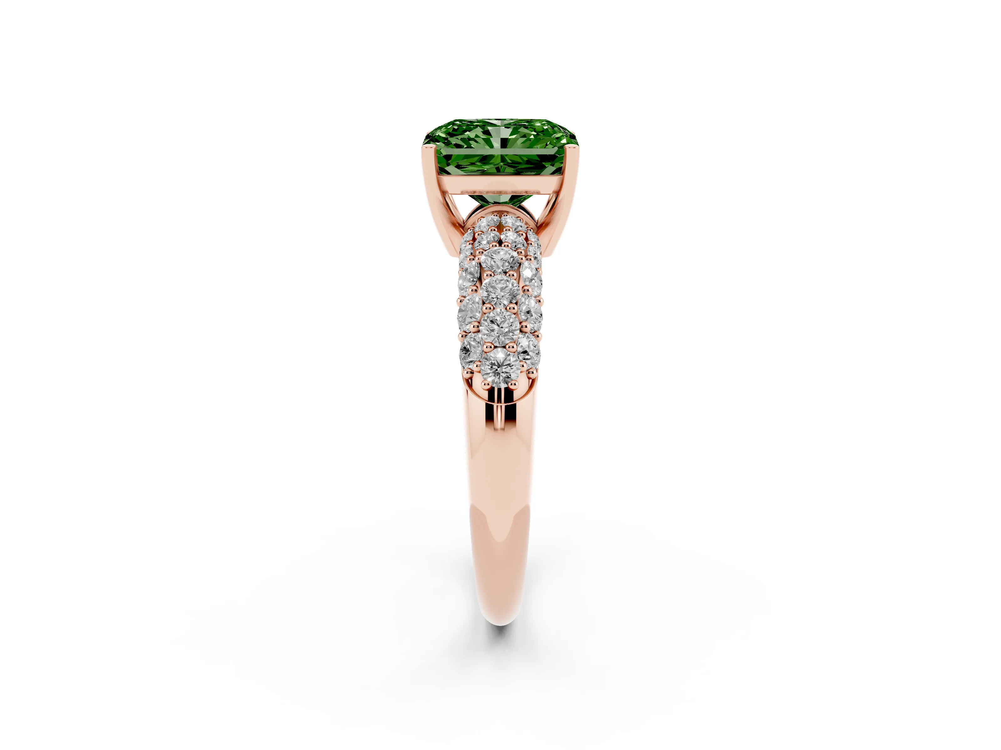 Fancy Green Radiant Cut Diamond Pavé Band Solitaire Ring Set in Rose gold with Close-Set Accent Stones and Prong Setting