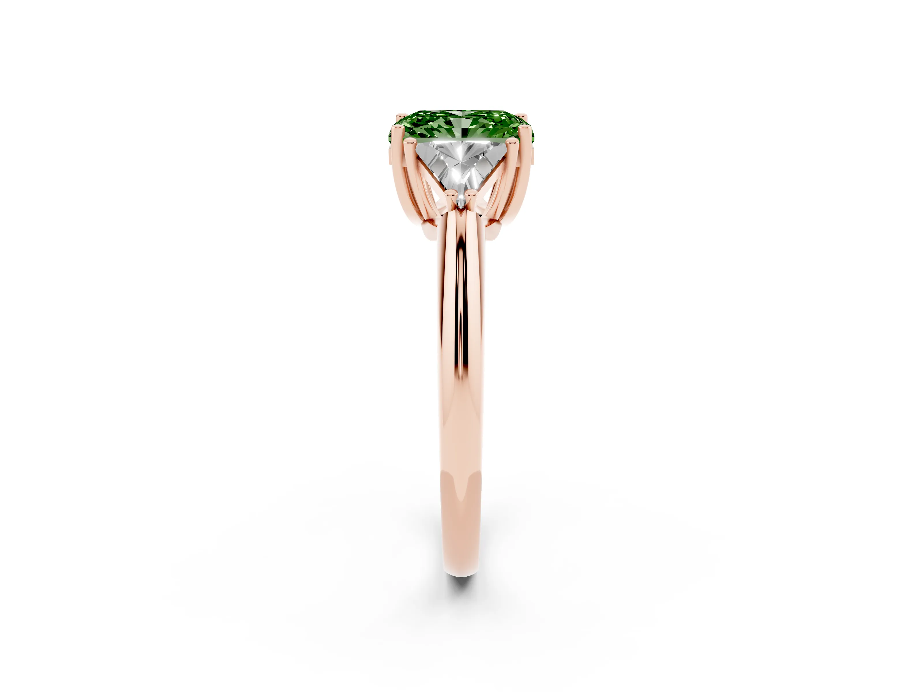 Fancy Green Radiant Cut Diamond Three-Stone Engagement Ring Set in Rose gold with Trillion Side Stones