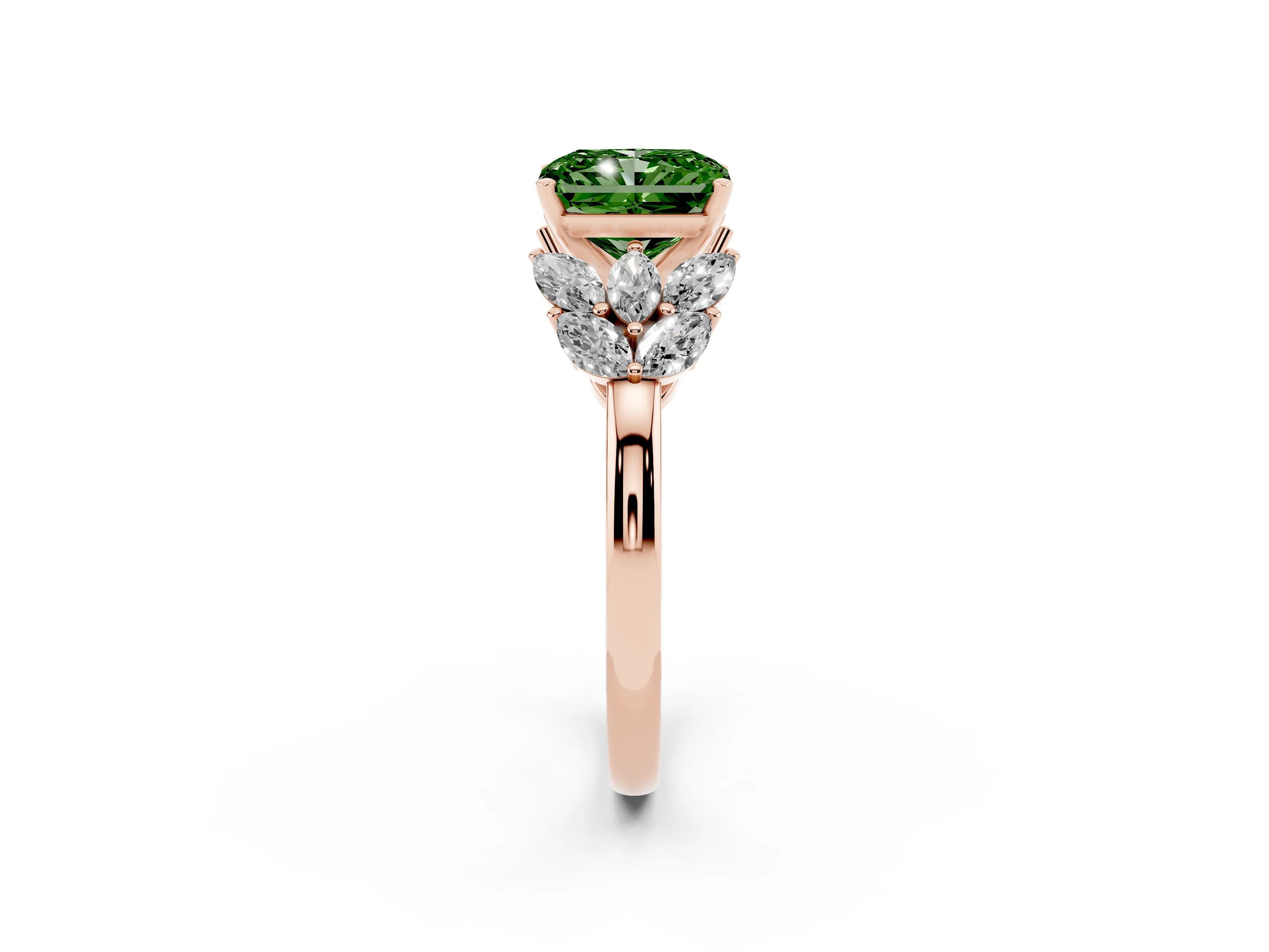 Fancy Green Radiant Cut Diamond Cluster Leaf Design Ring Set in Rose gold with Prong Setting
