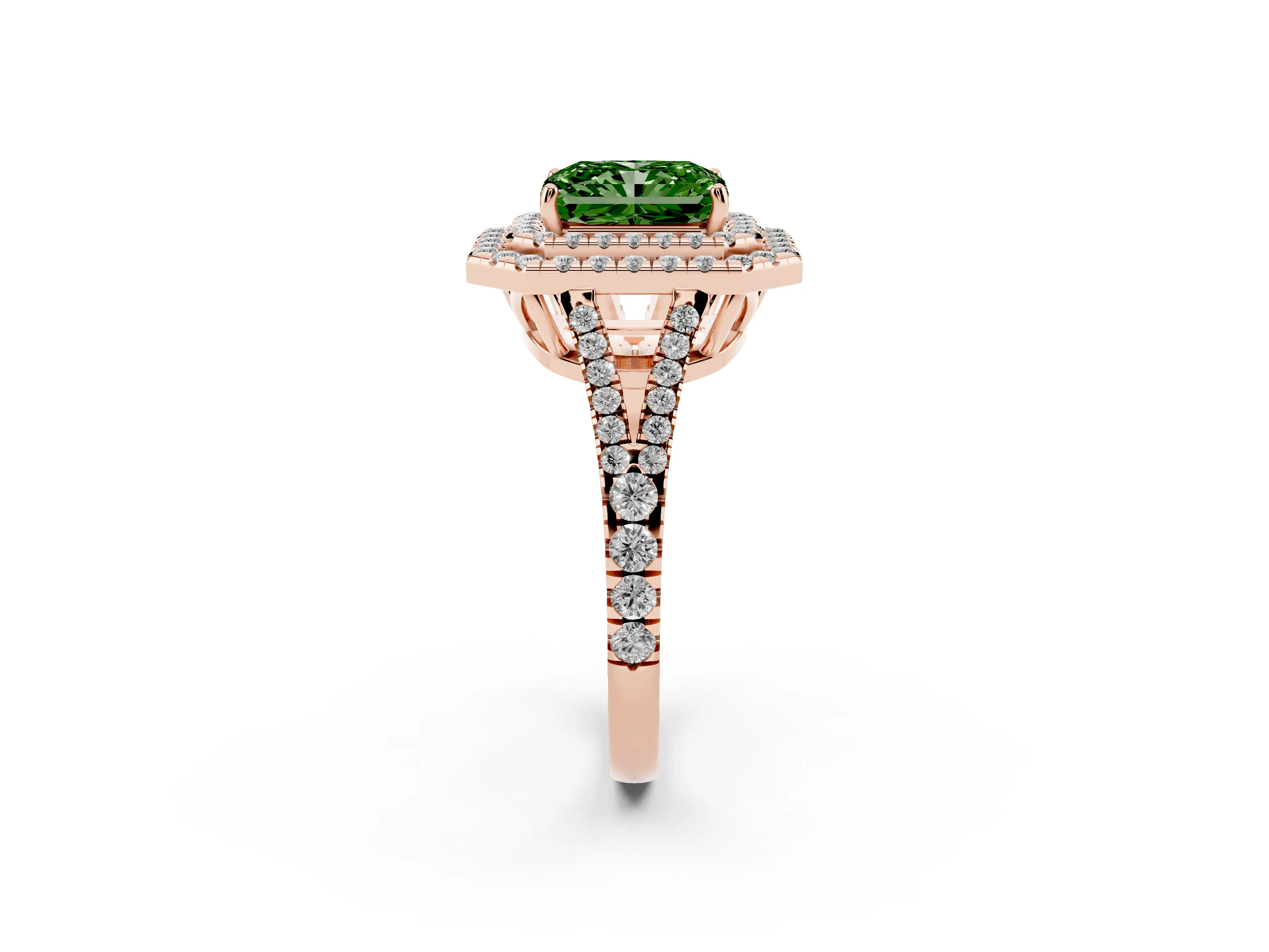 Fancy Green Radiant Cut Diamond Double Halo Ring Set in Rose gold with Pavé Band