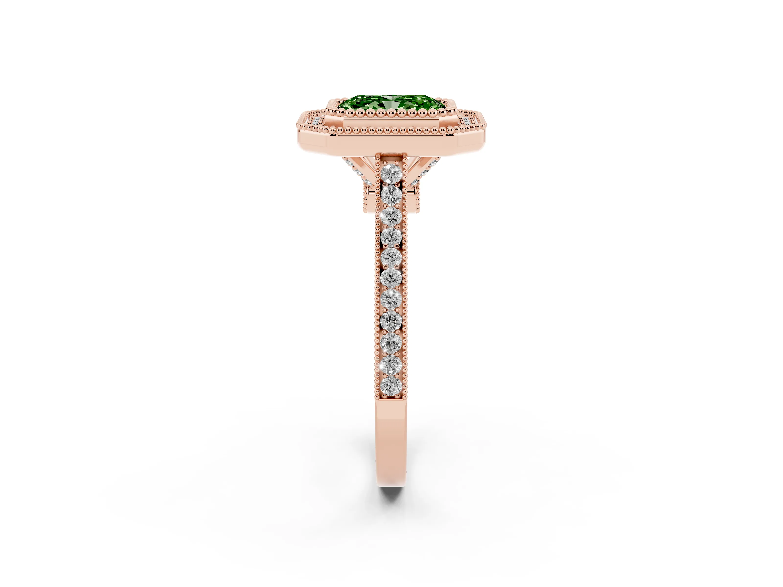 Fancy Green Radiant Cut Diamond Halo Ring Set in Rose gold with Milgrain Frame and Pavé Band