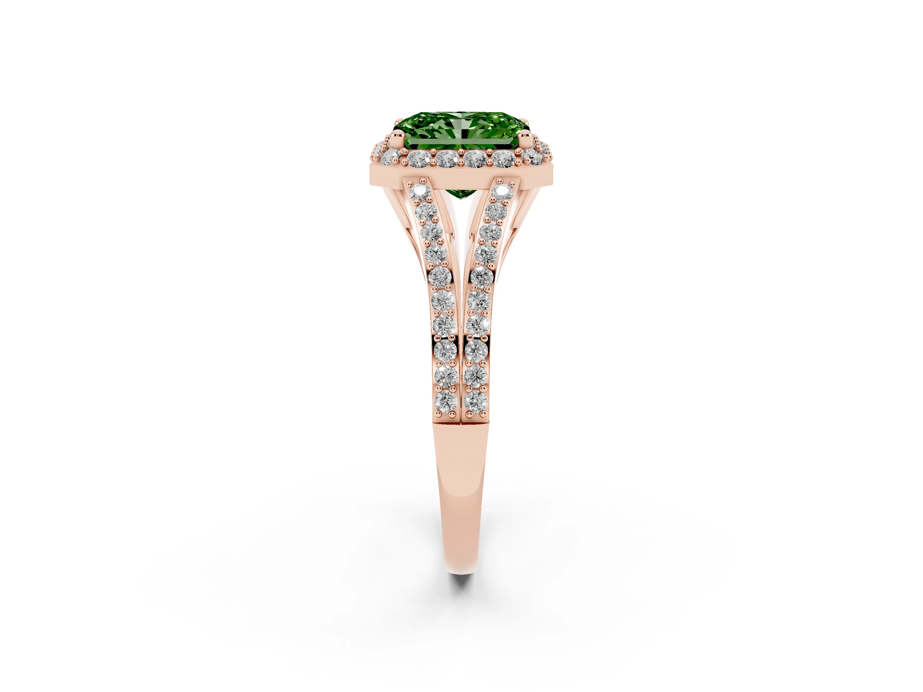 Fancy Green Radiant Cut Diamond Halo Split Shank Pavé Ring Set in Rose gold with Prong Setting