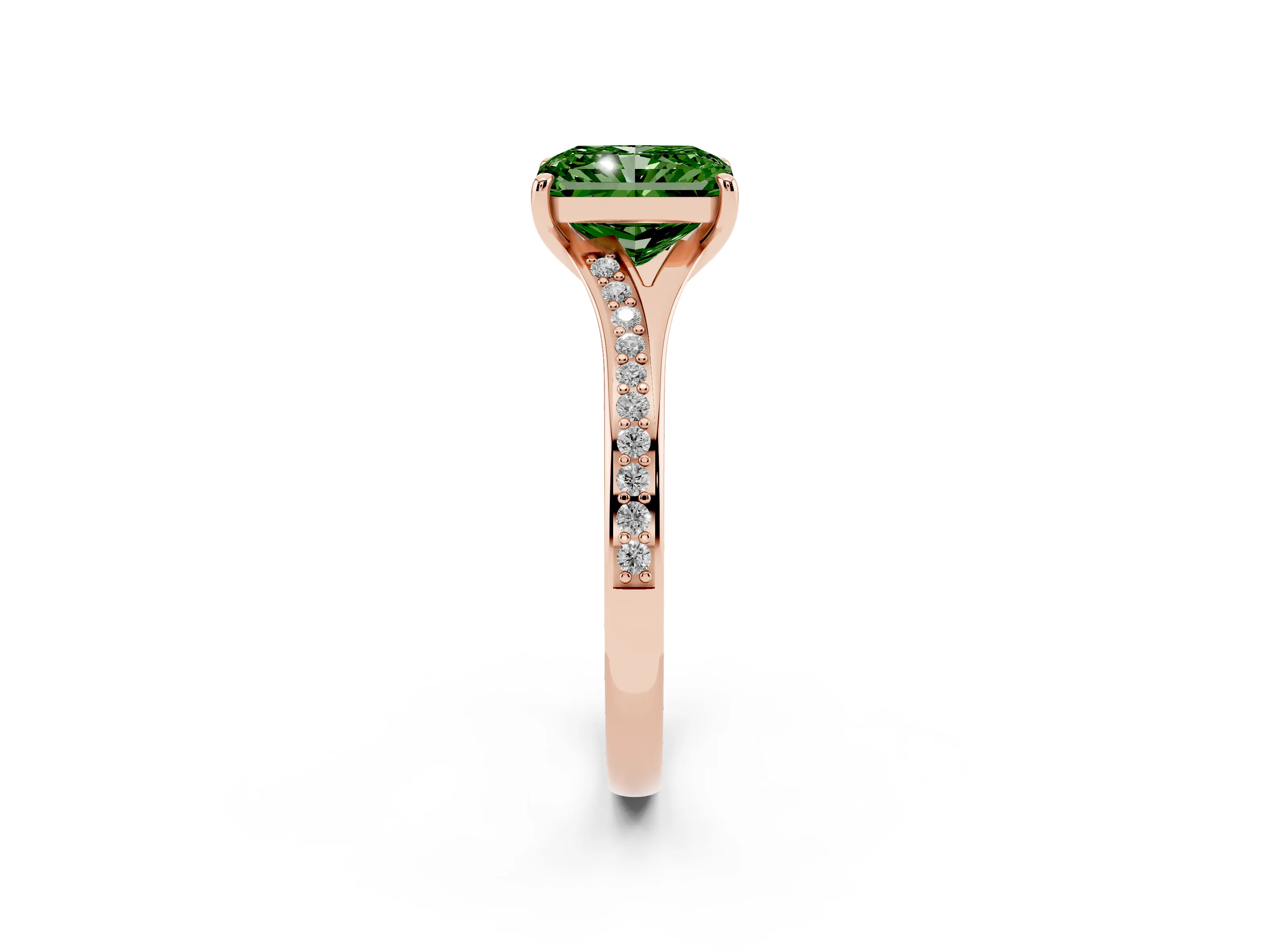 Fancy Green Radiant Cut Diamond Solitaire Ring Set in Rose gold with Pavé Accent Band and Classic Prong Setting