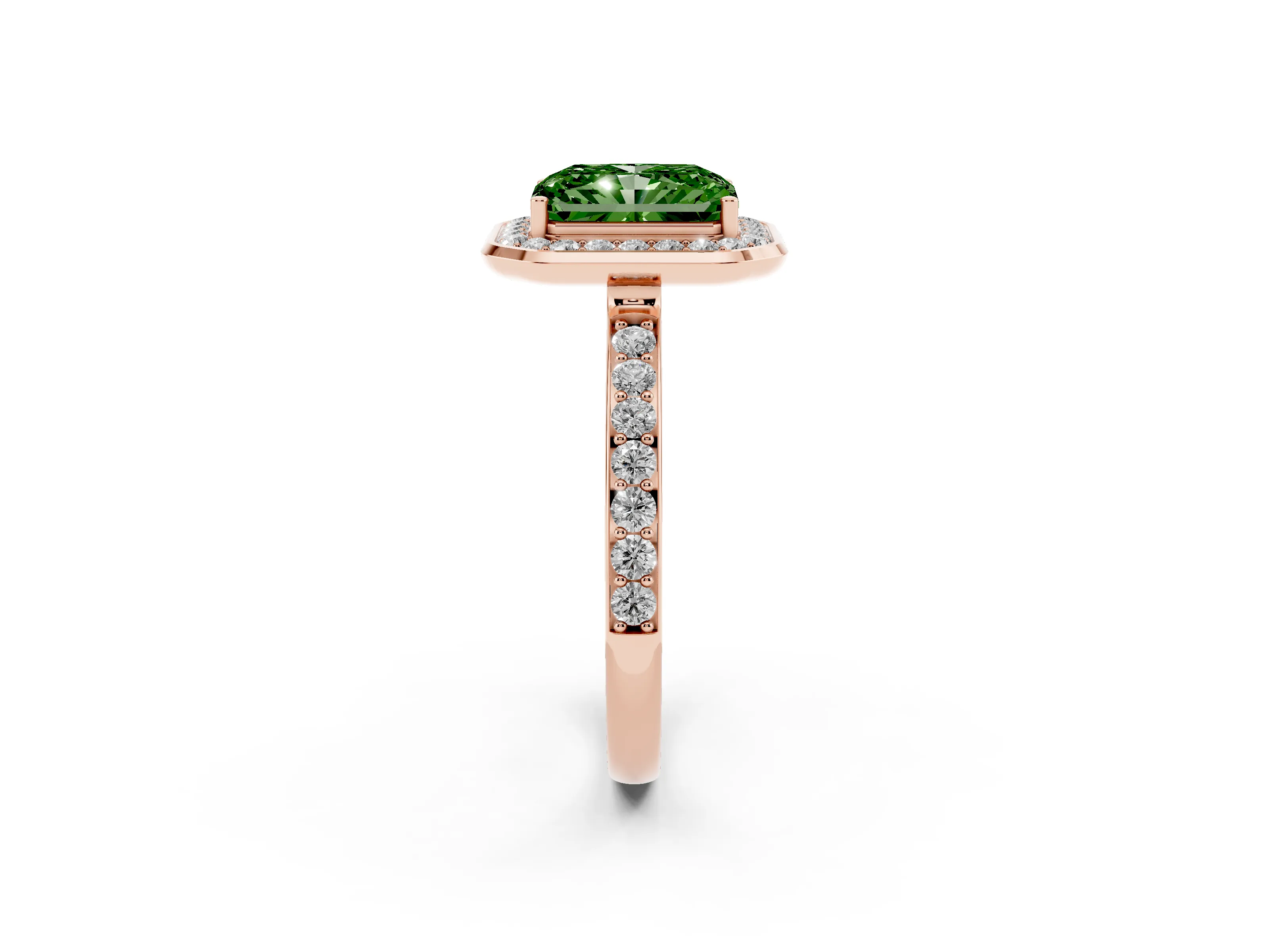 Fancy Green Radiant Cut Diamond Halo Ring Set in Rose gold with Bezel Frame and Pavé Band