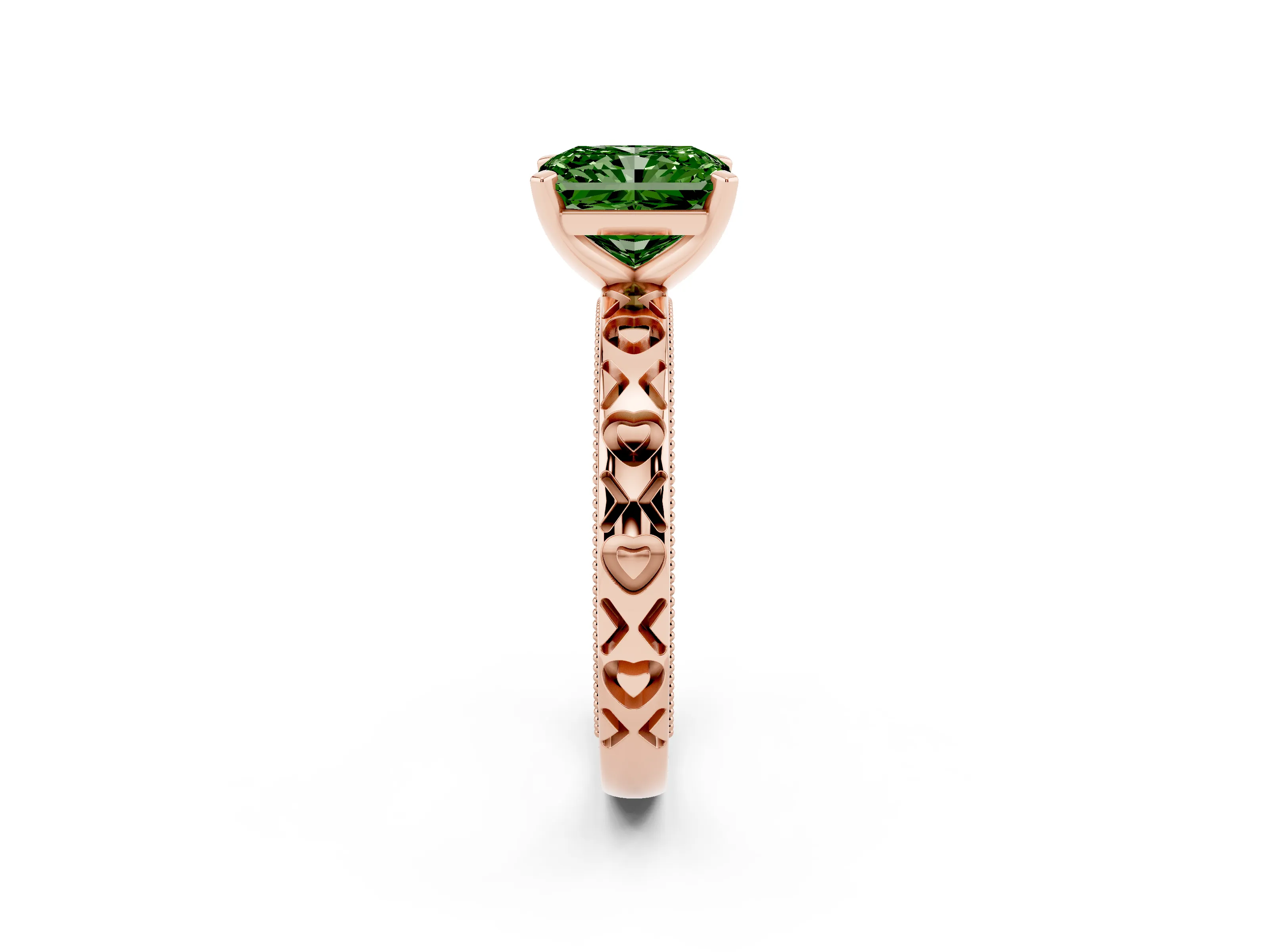 Fancy Green Radiant Cut Diamond Solitaire Engagement Ring Set in Rose gold with XO Engraved Band and Prong Setting