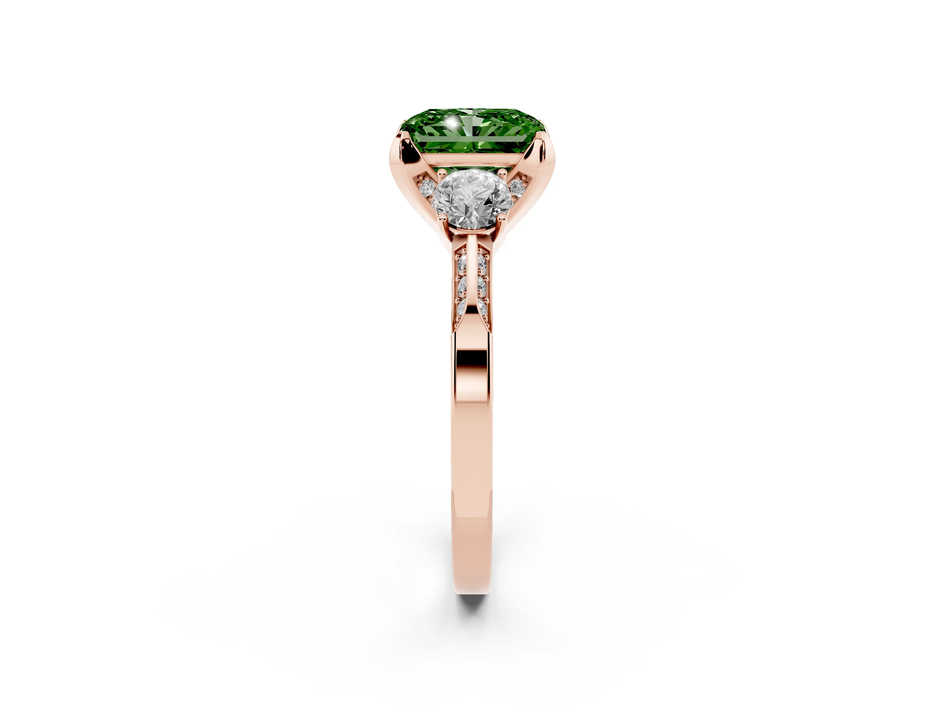 Fancy Green Radiant Cut Diamond Three-Stone Ring Set in Rose gold with Pavé Band and Smaller Side Stones