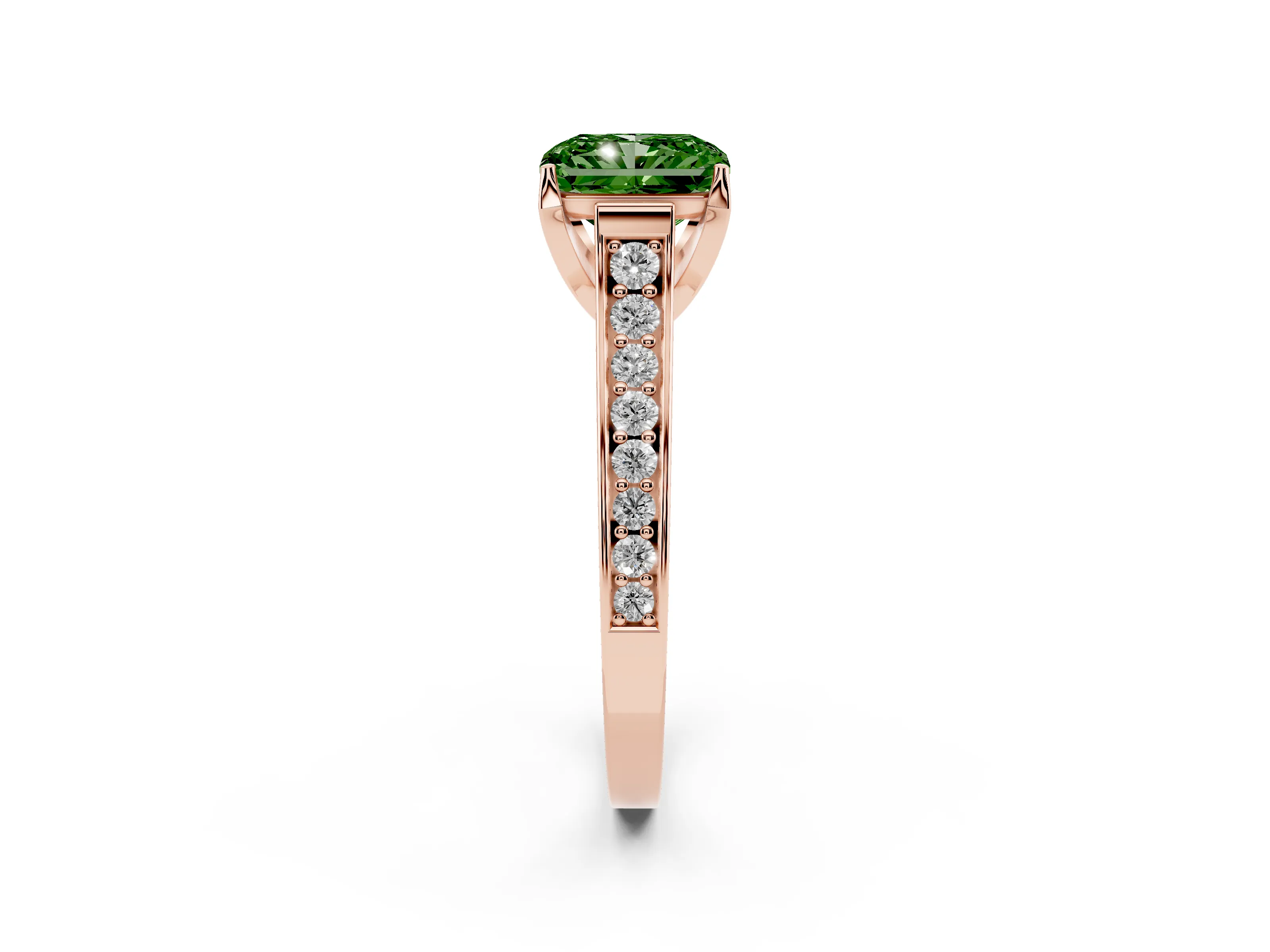Fancy Green Radiant Cut Diamond Solitaire Pavé Engagement Ring Set in Rose gold with Prong Setting