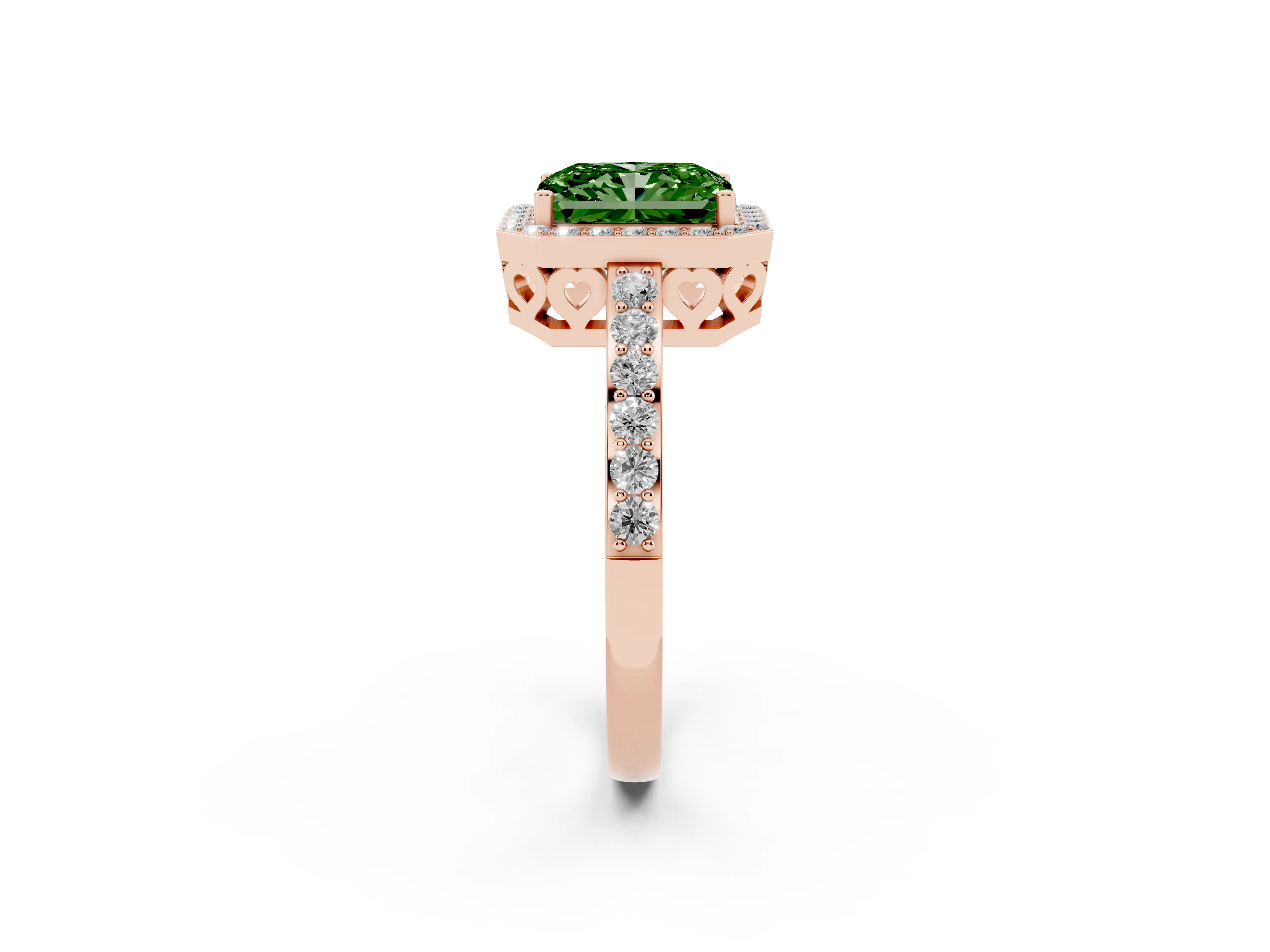 Fancy Green Radiant Cut Diamond Halo Ring Set in Rose gold with Pavé-Setting Band and Open Prong Center