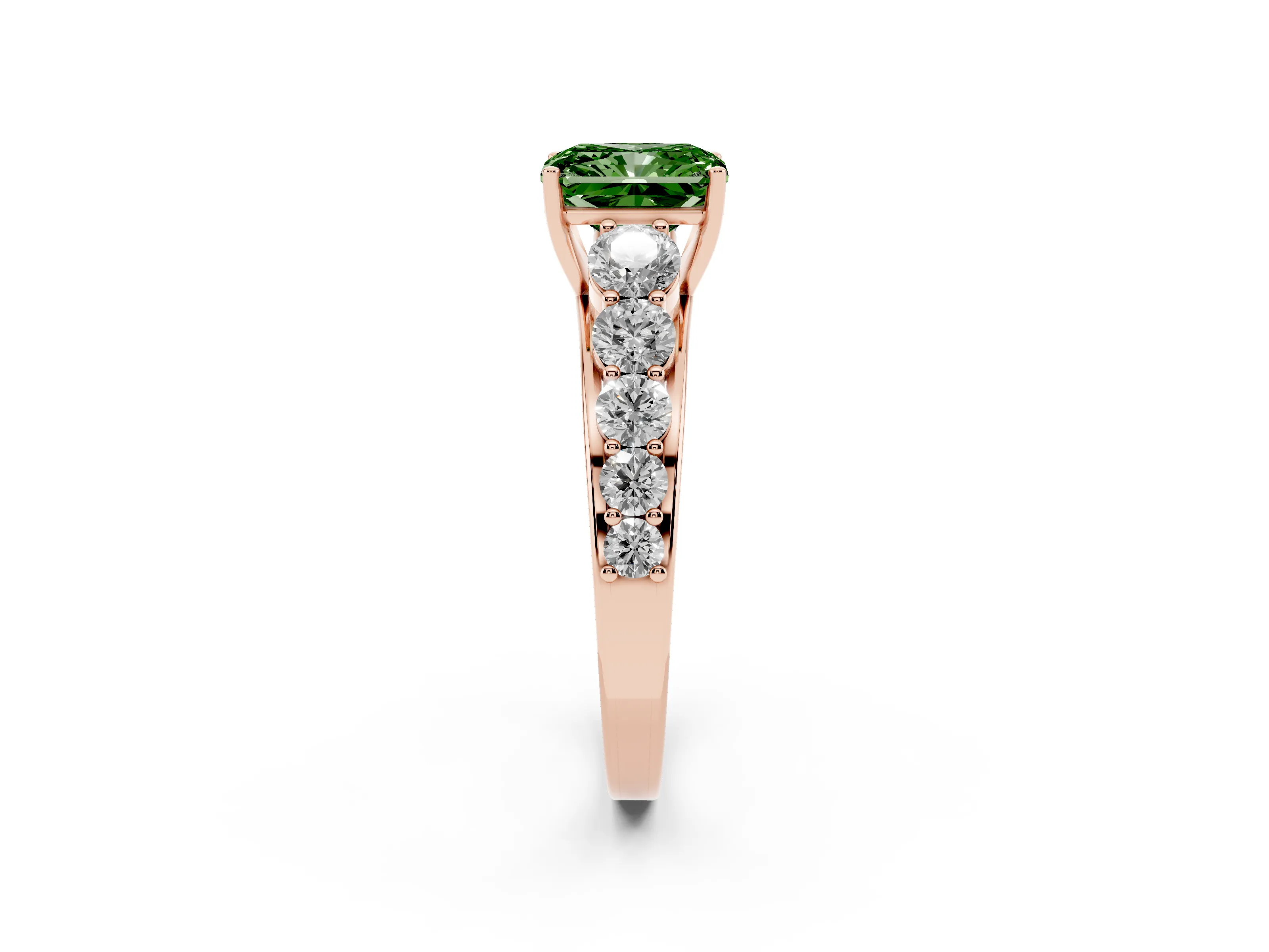 Fancy Green Radiant Cut Diamond Solitaire Ring Set in Rose gold with Pavé-Set Band and Prong Setting