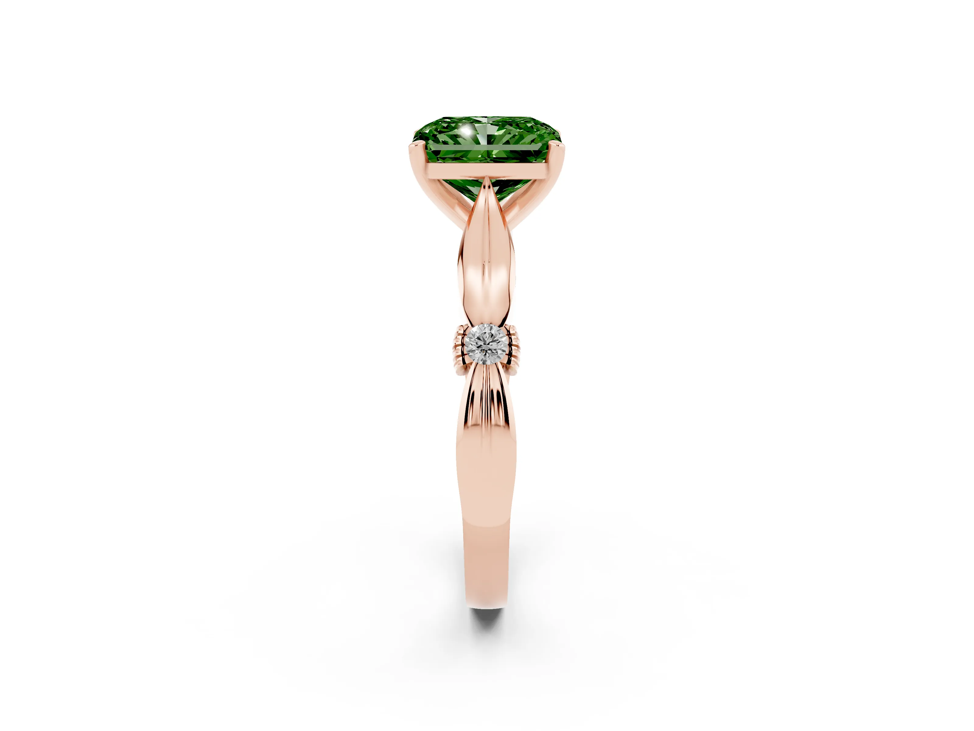 Fancy Green Radiant Cut Diamond Solitaire Twisted Band Ring Set in Rose gold with Accent Stones and Prong Setting