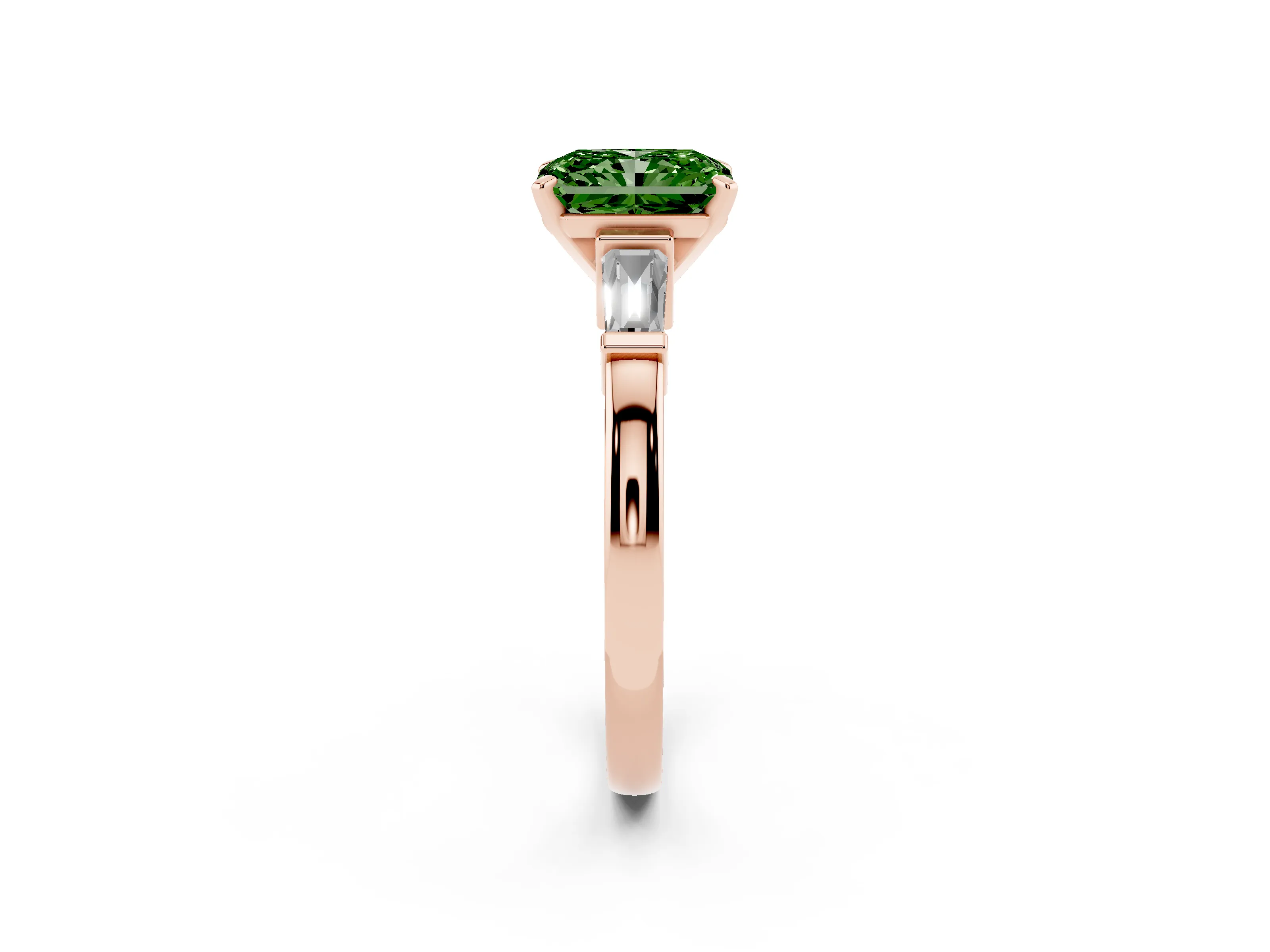 Fancy Green Radiant Cut Diamond Solitaire Ring Set in Rose gold with Tapered Baguette Accents and Prong Setting