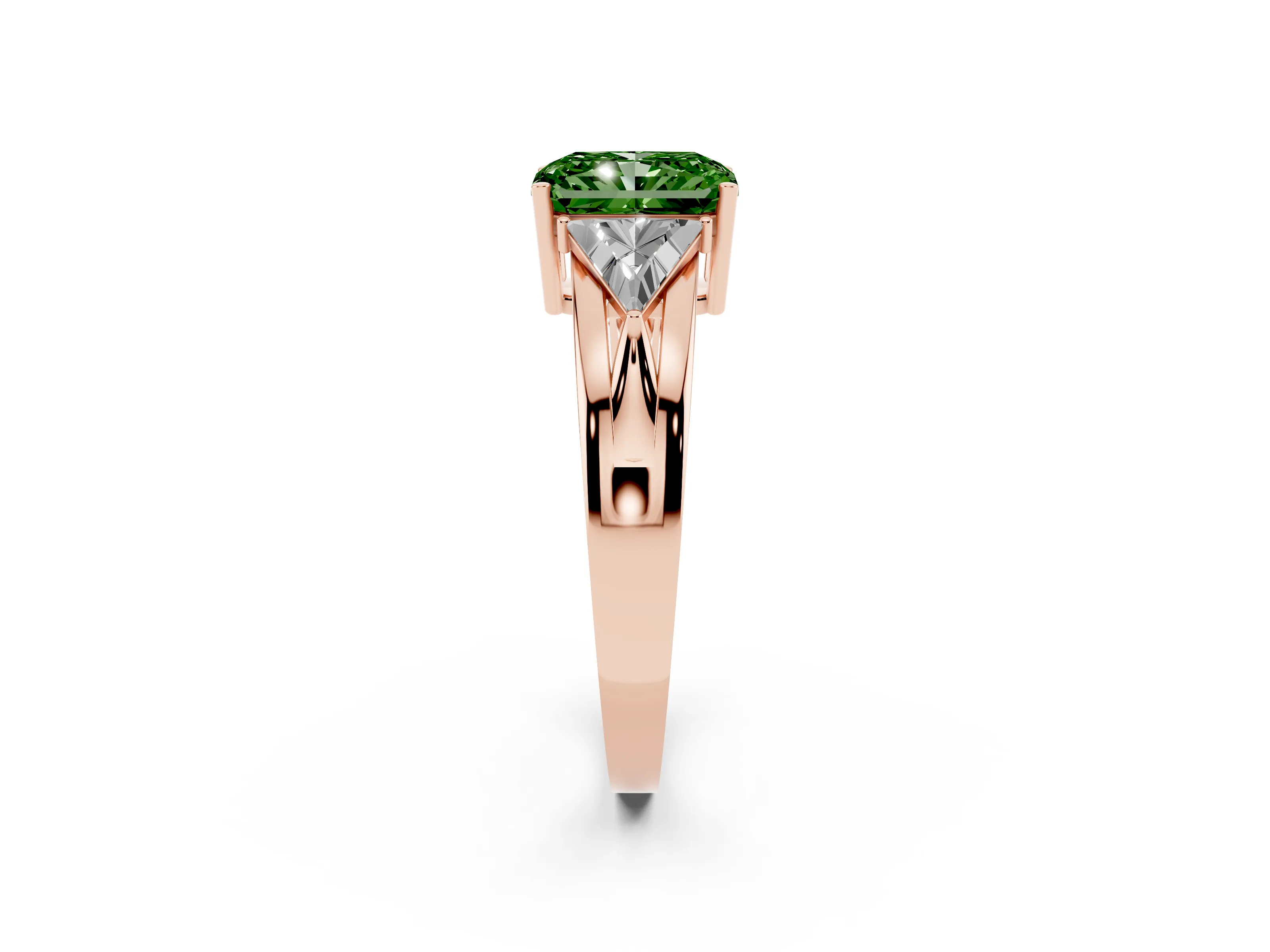 Fancy Green Radiant Cut Diamond Three-Stone Ring Set in Rose gold with Trillion Side Stones and Split Shank