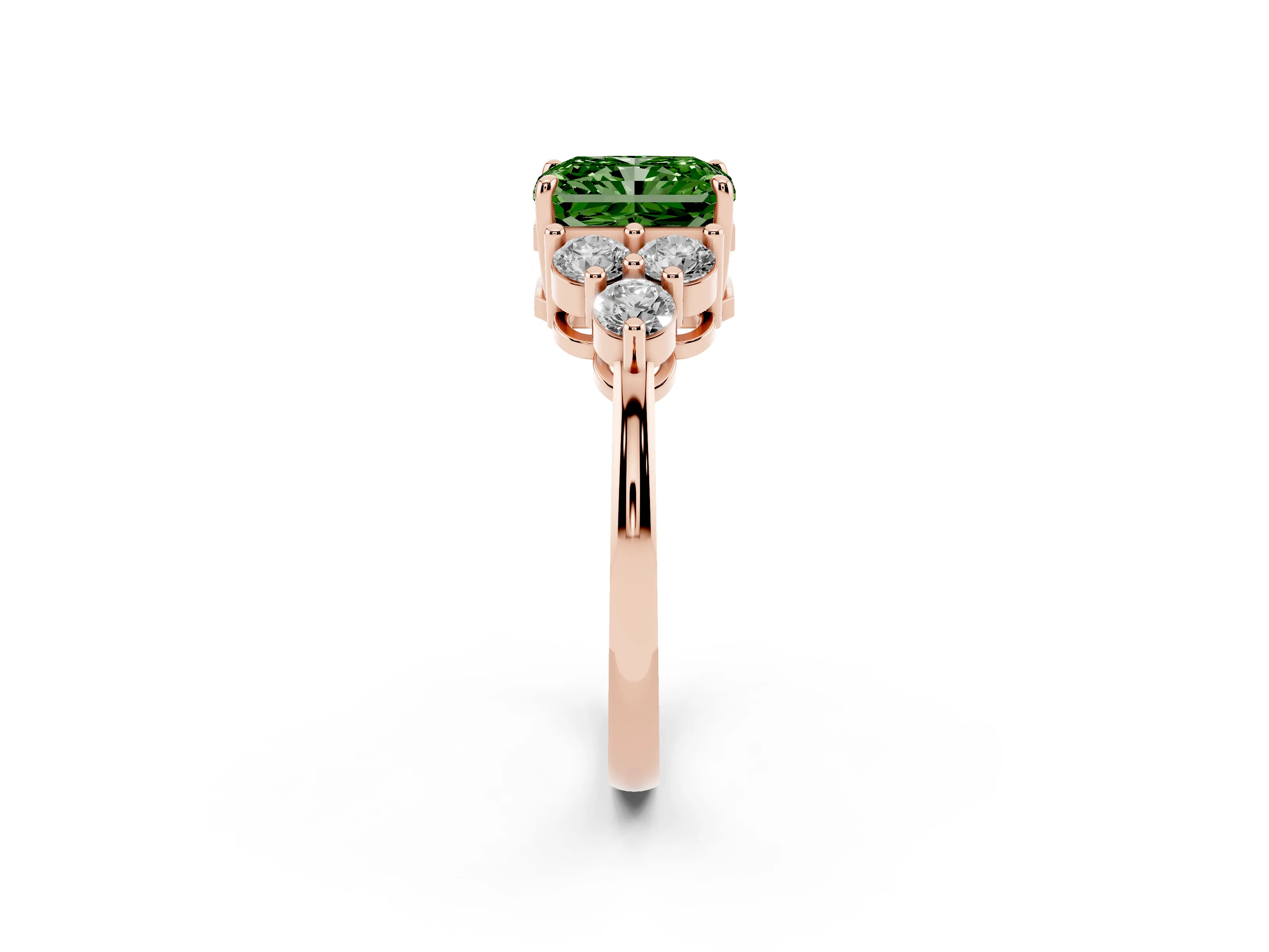 Fancy Green Radiant Cut Diamond Solitaire Ring Set in Rose gold with Cluster Accents on Each Side