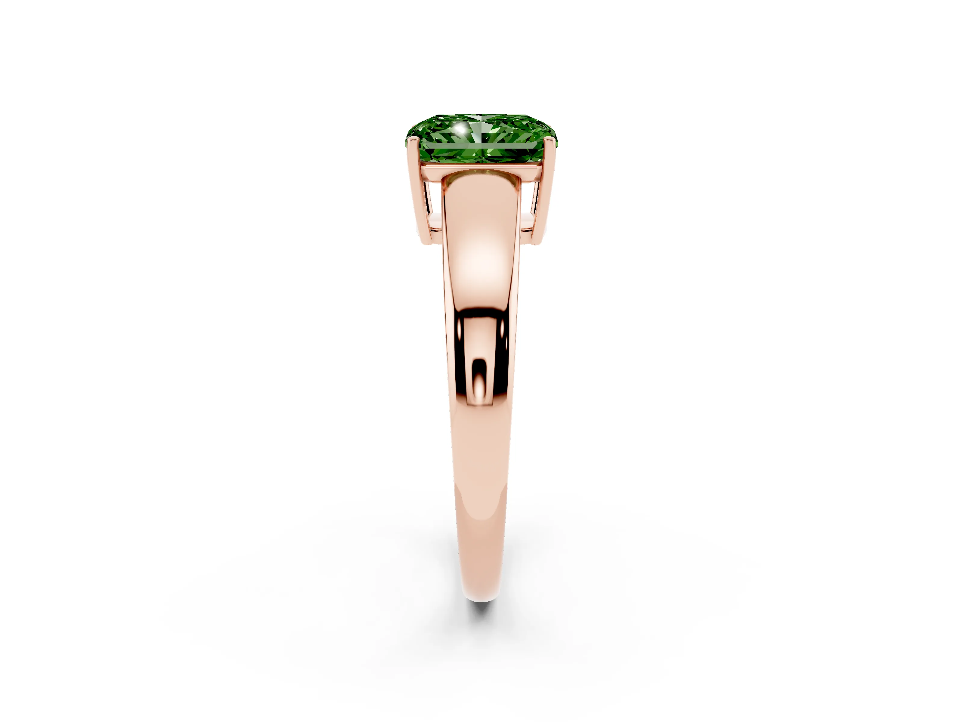 Fancy Green Radiant Cut Diamond Solitaire Ring Set in Rose gold with Tapered Band and Prong Setting