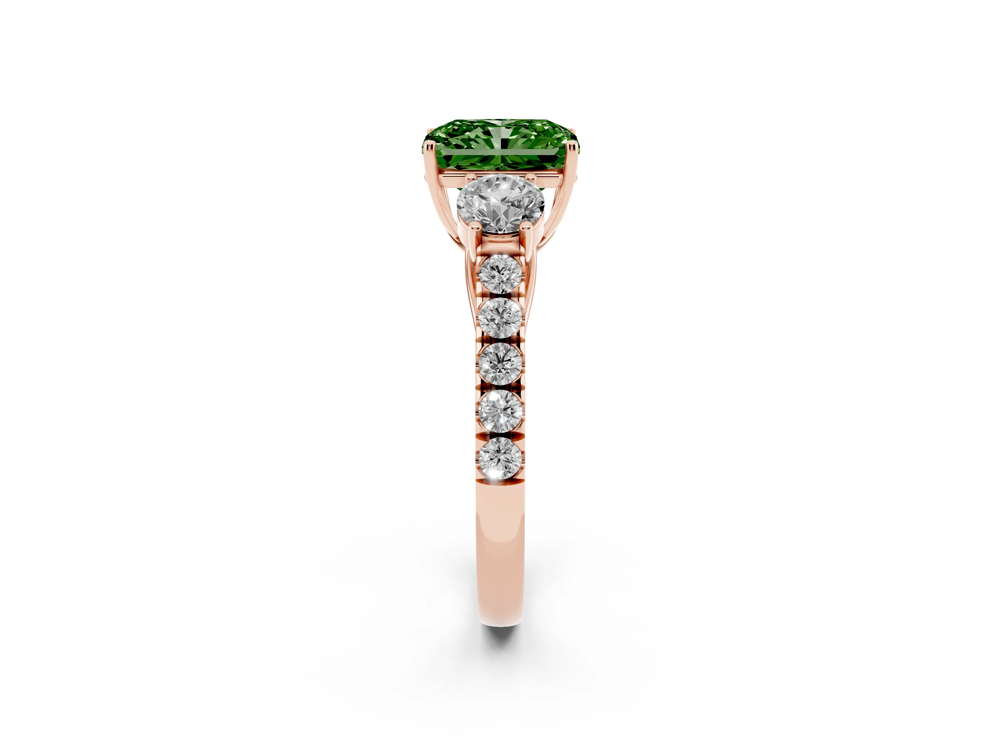 Fancy Green Radiant Cut Diamond Three-Stone Ring Set in Rose gold with Round Side Stones and Delicate Pavé Band