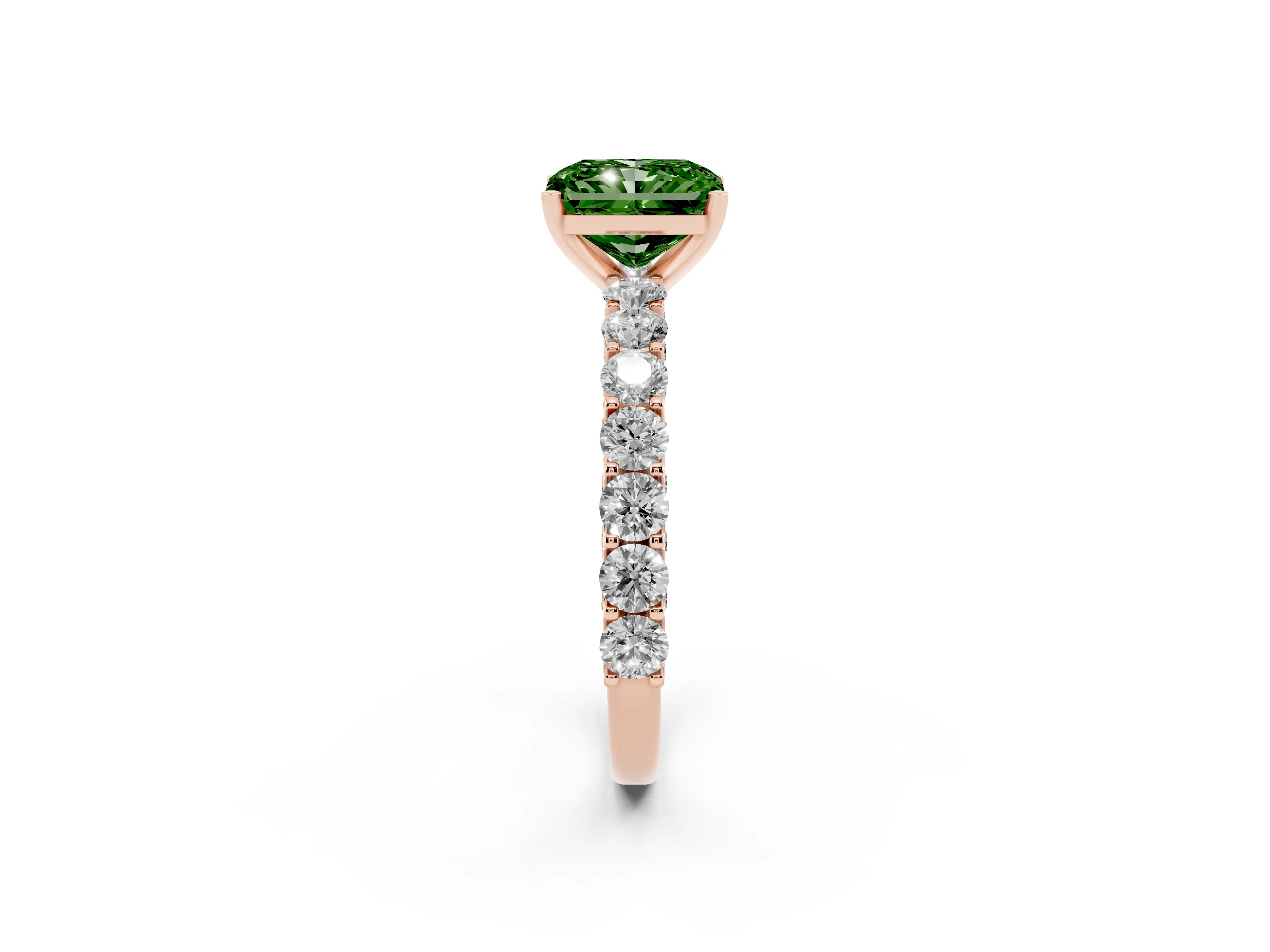 Fancy Green Radiant Cut Diamond Solitaire Ring Set in Rose gold with Shared Prong Pavé Band