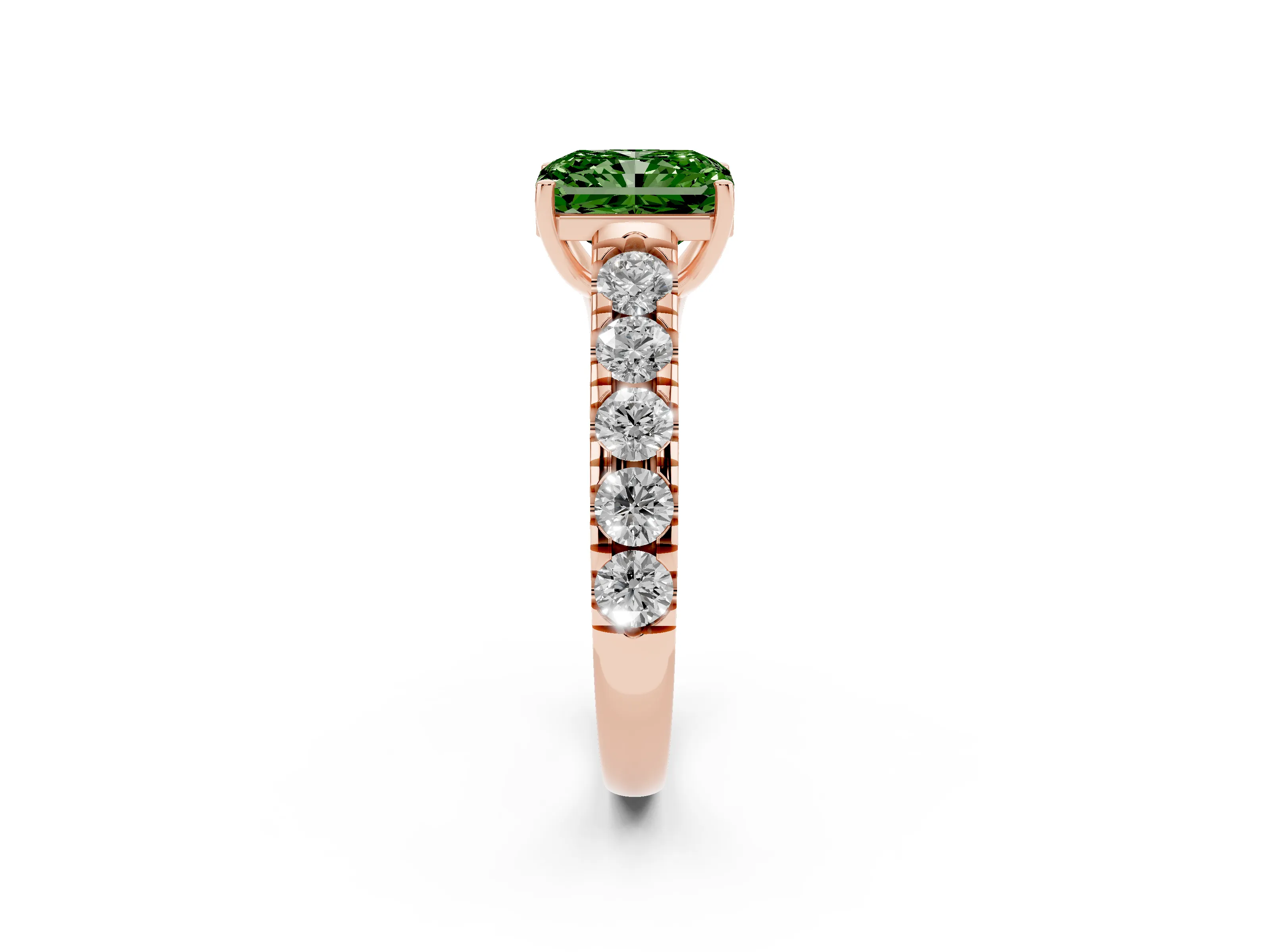 Fancy Green Radiant Cut Diamond Solitaire Ring Set in Rose gold with Cut-Down Micro Pavé Band and Prong Setting