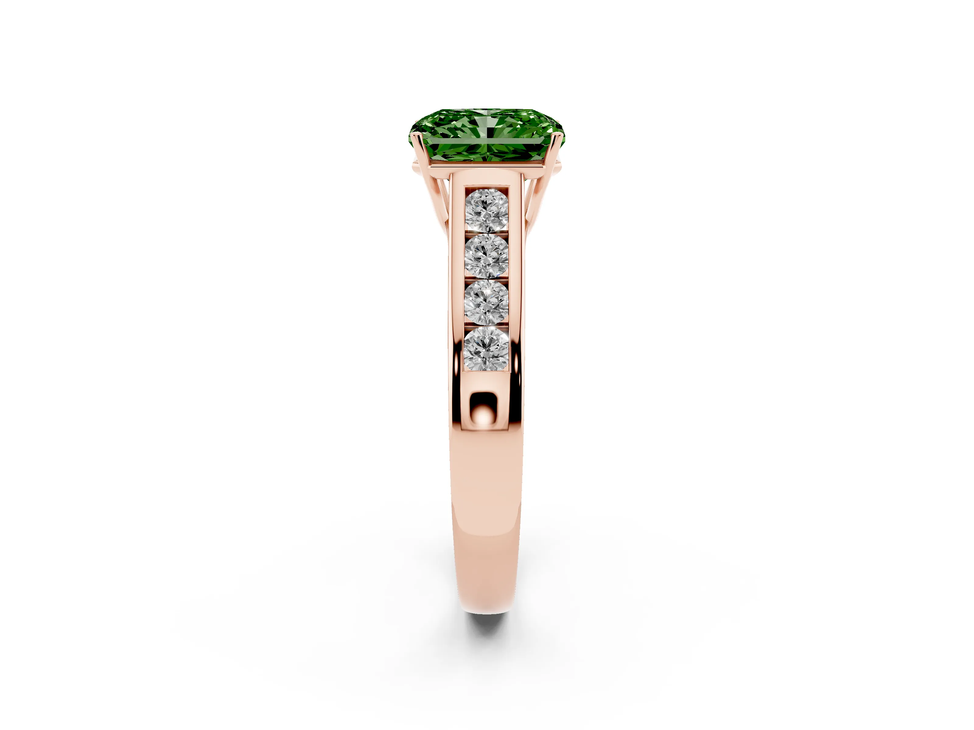 Fancy Green Radiant Cut Diamond Brilliant Channel-Set Solitaire Ring Set in Rose gold with Prong Setting