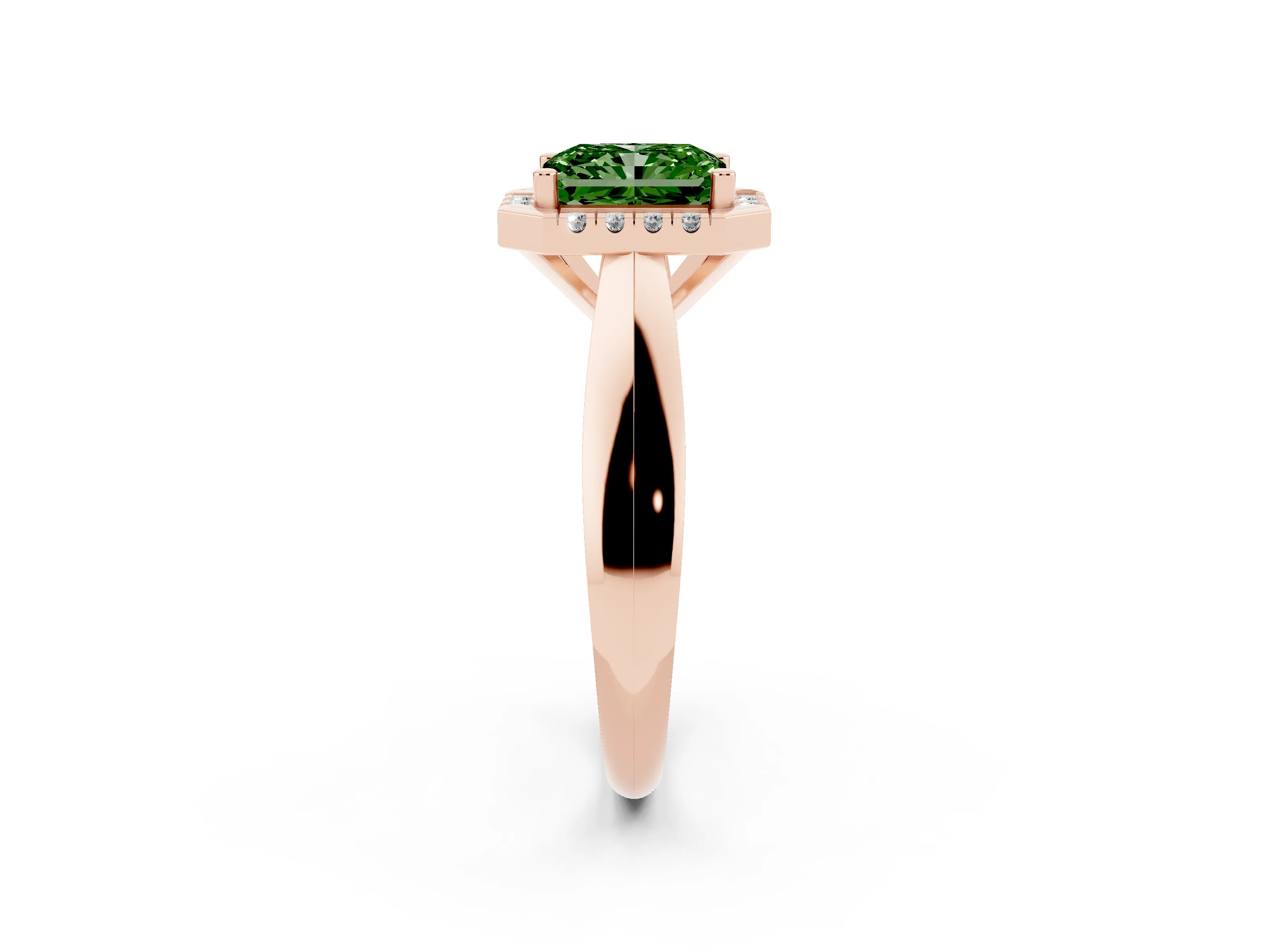 Fancy Green Radiant Cut Diamond Halo Solitaire Engagement Ring Set in Rose gold with Square Band and Prong Setting
