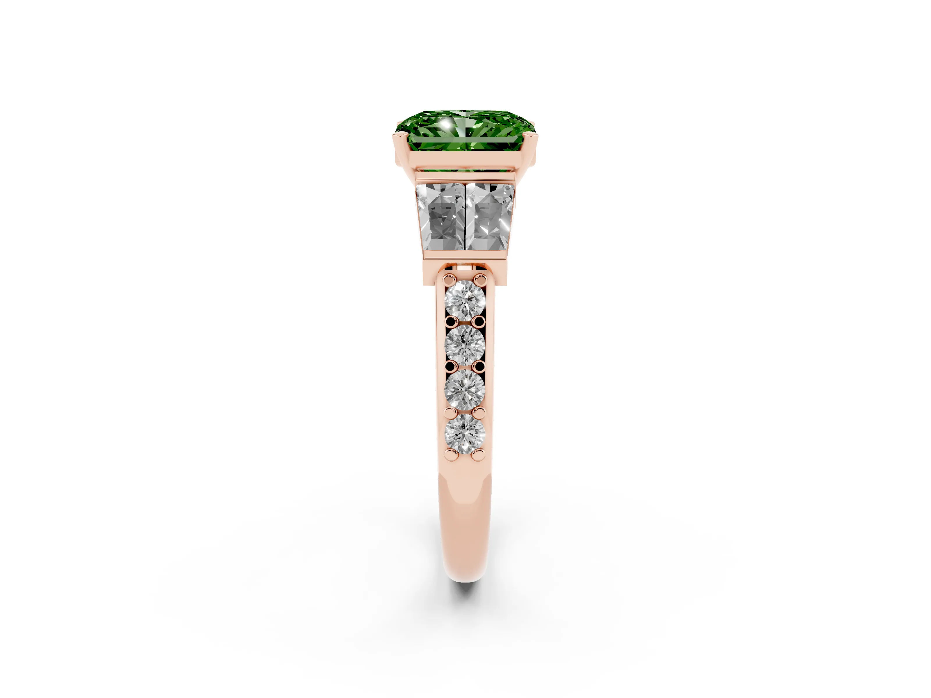 Fancy Green Radiant Cut Diamond Engagement Ring Set in Rose gold with Baguette Side Stones and Channel Set Band