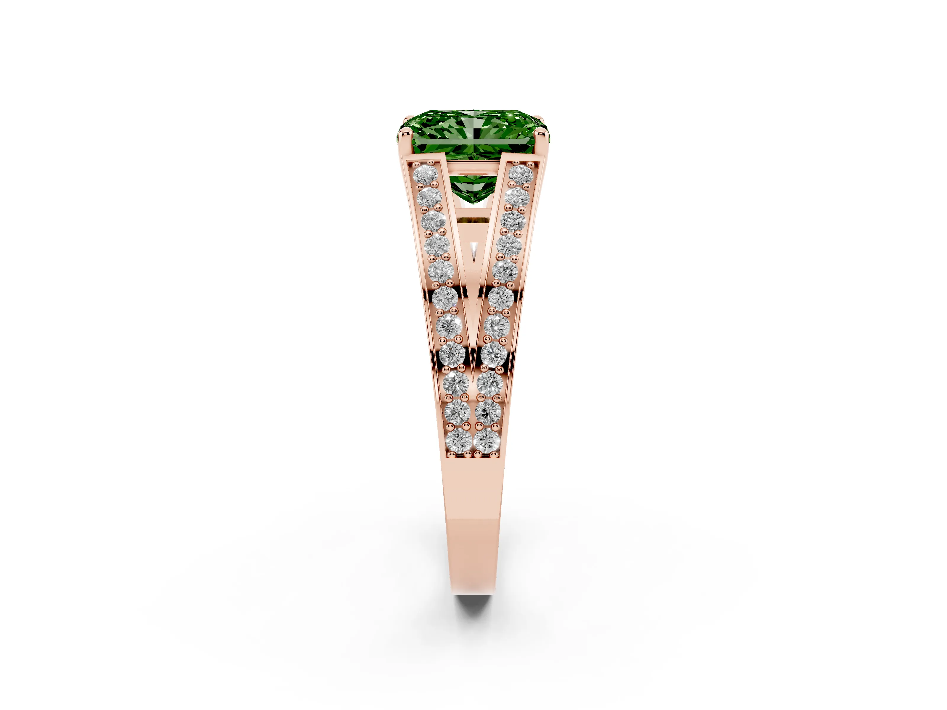 Fancy Green Radiant Cut Diamond Split Shank Ring Set in Rose gold with Pavé Band and Prong Setting