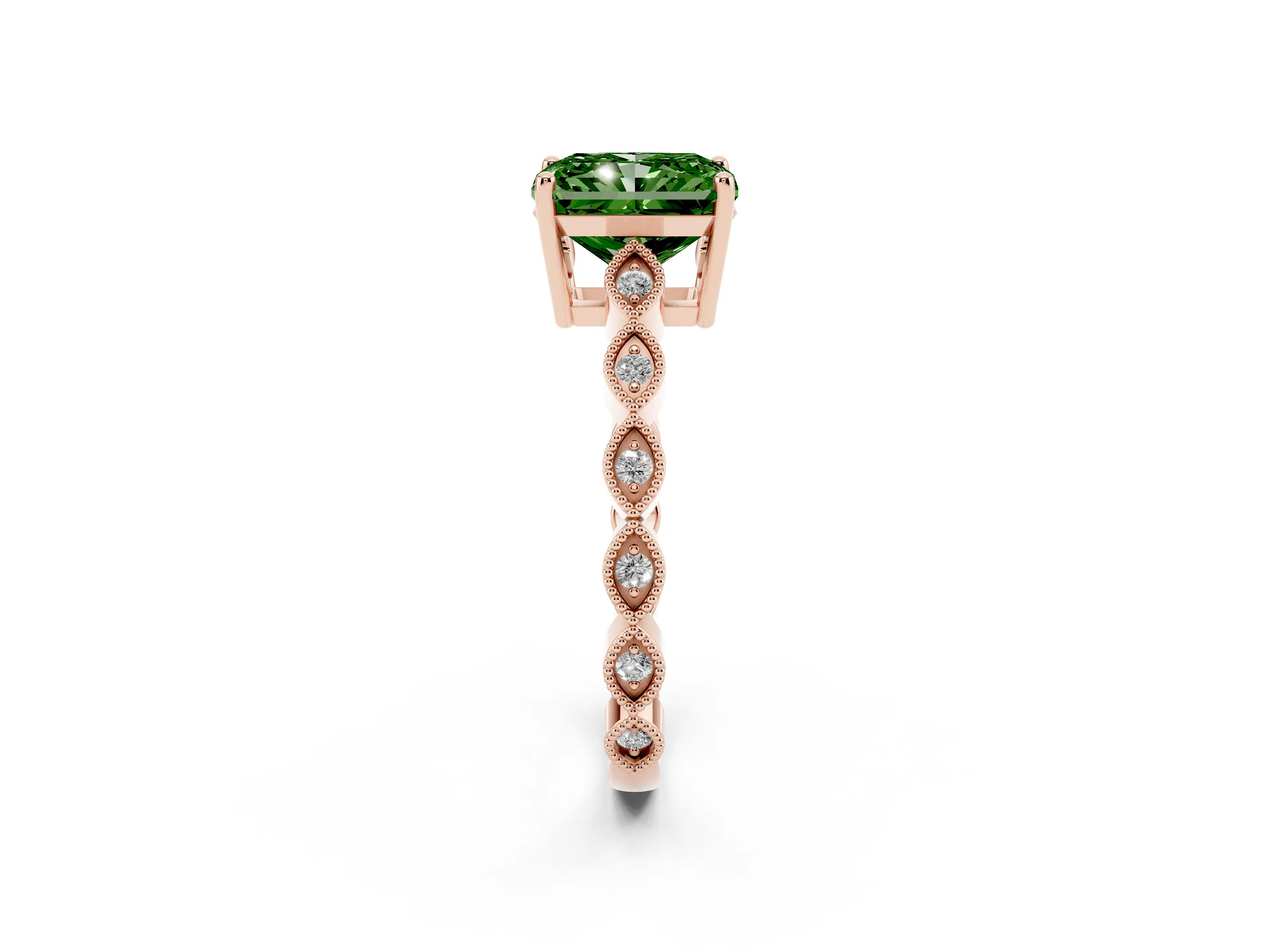 Fancy Green Radiant Cut Diamond Solitaire Ring Set in Rose gold with Infinity Twist Pavé Band