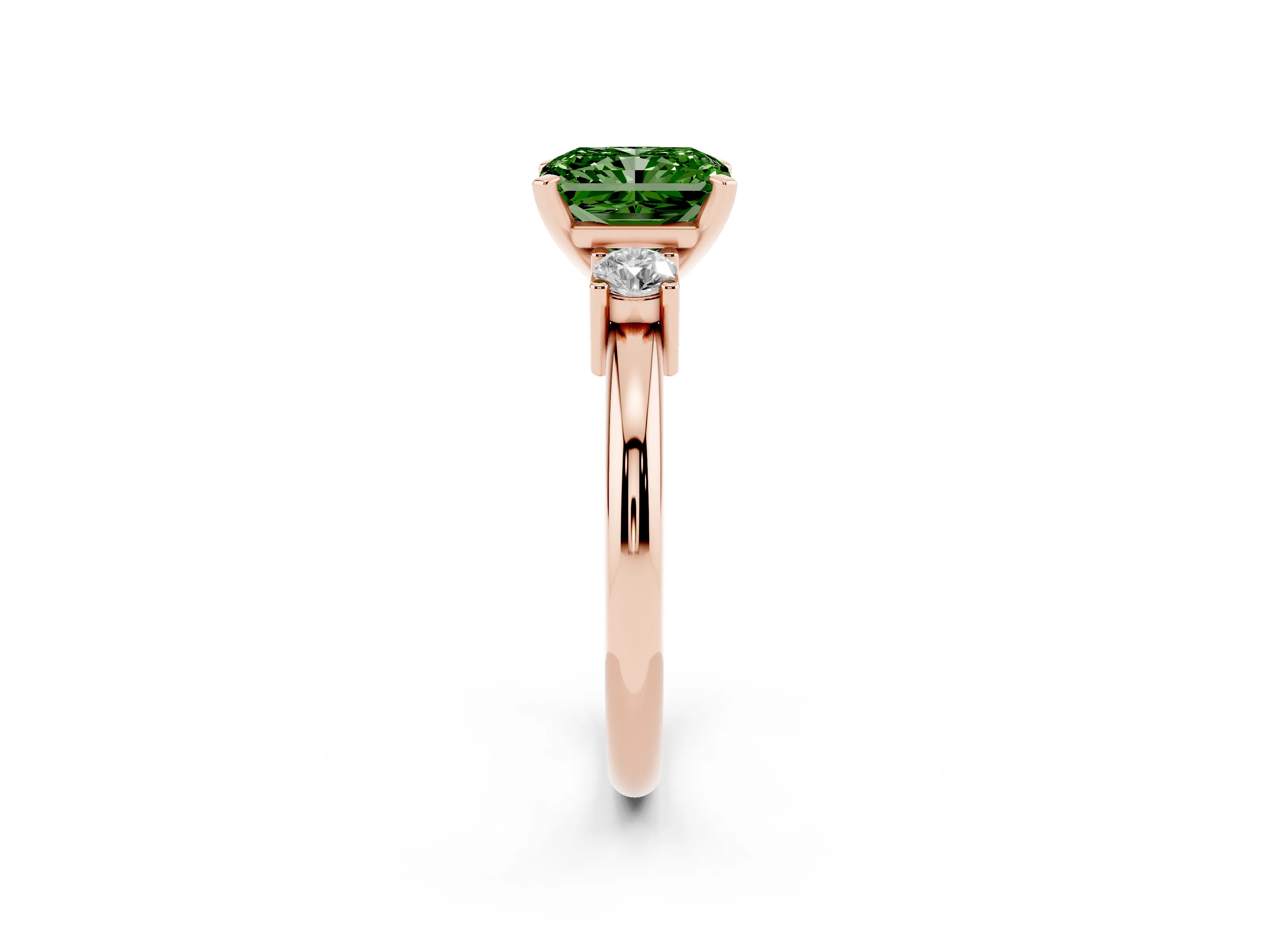 Fancy Green Three-Stone Radiant Cut Diamond Ring Set in Rose gold with Prong Setting and Plain Band