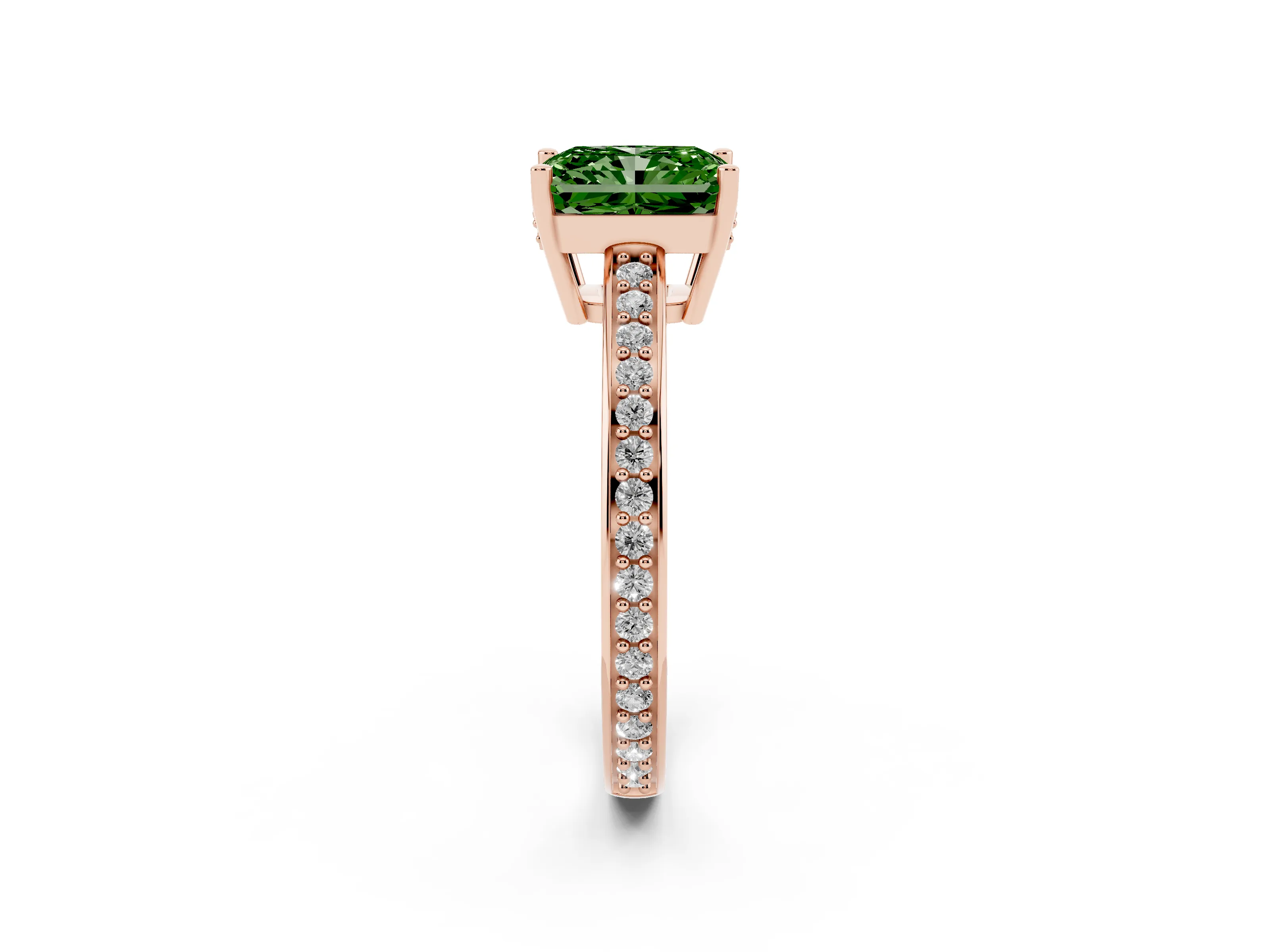 Fancy Green Radiant Cut Diamond Pavé Band Prong Set Solitaire Ring Set in Rose gold