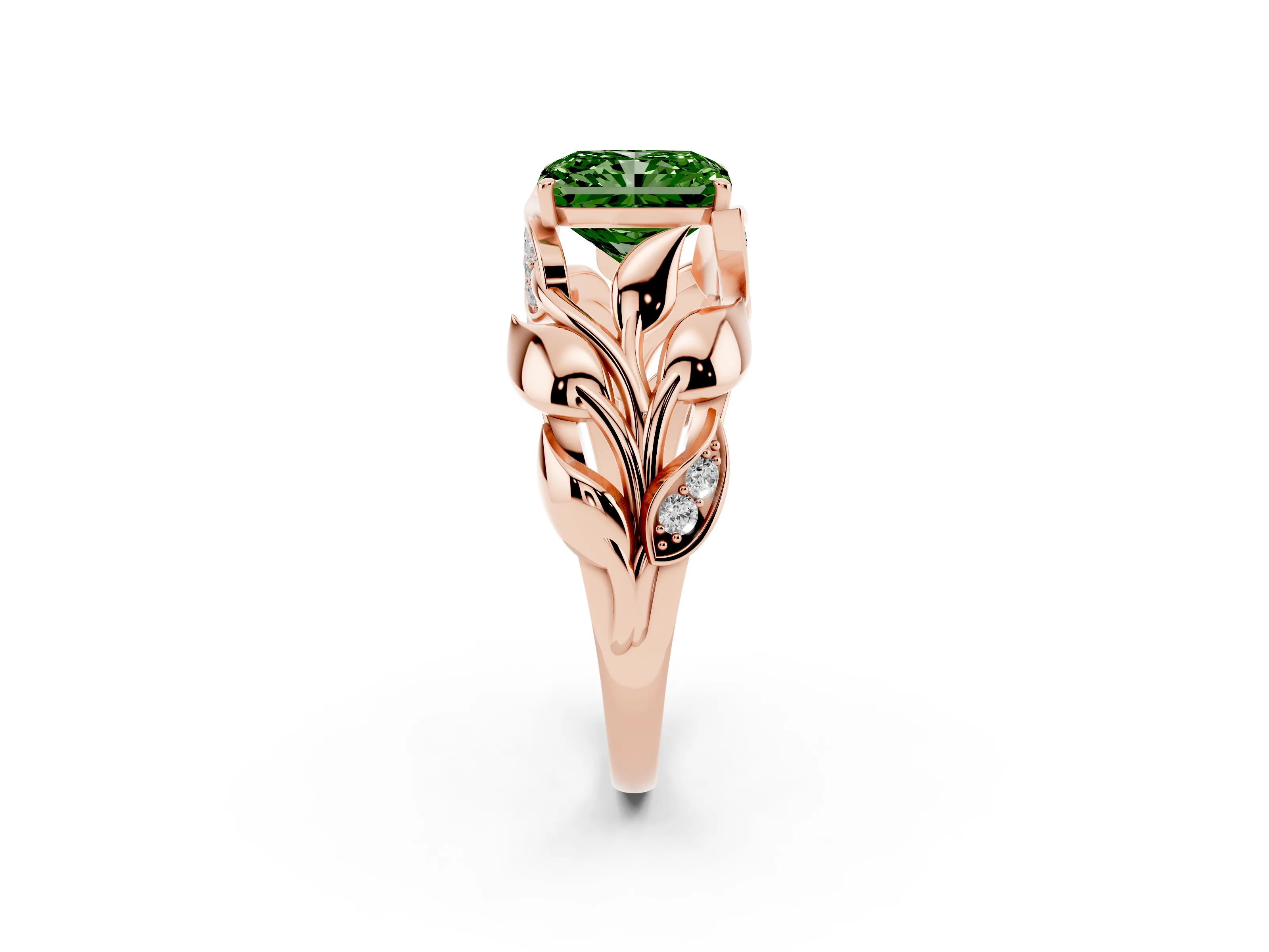 Fancy Green Radiant Cut Diamond Leaf-Inspired Engagement Ring Set in Rose gold with Round Accents