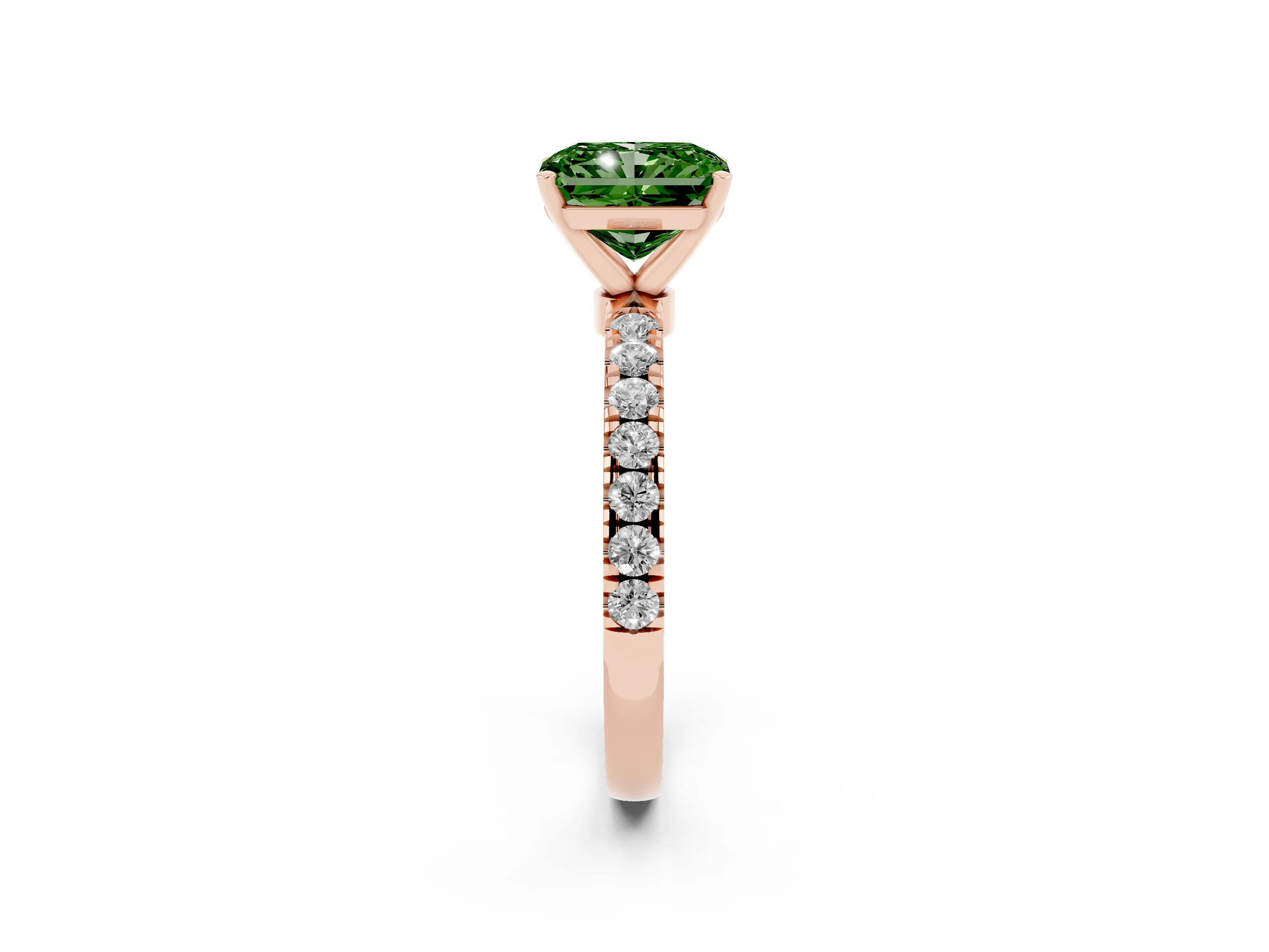 Fancy Green Radiant Cut Diamond Solitaire Ring Set in Rose gold with Pavé Accents and Prong Setting