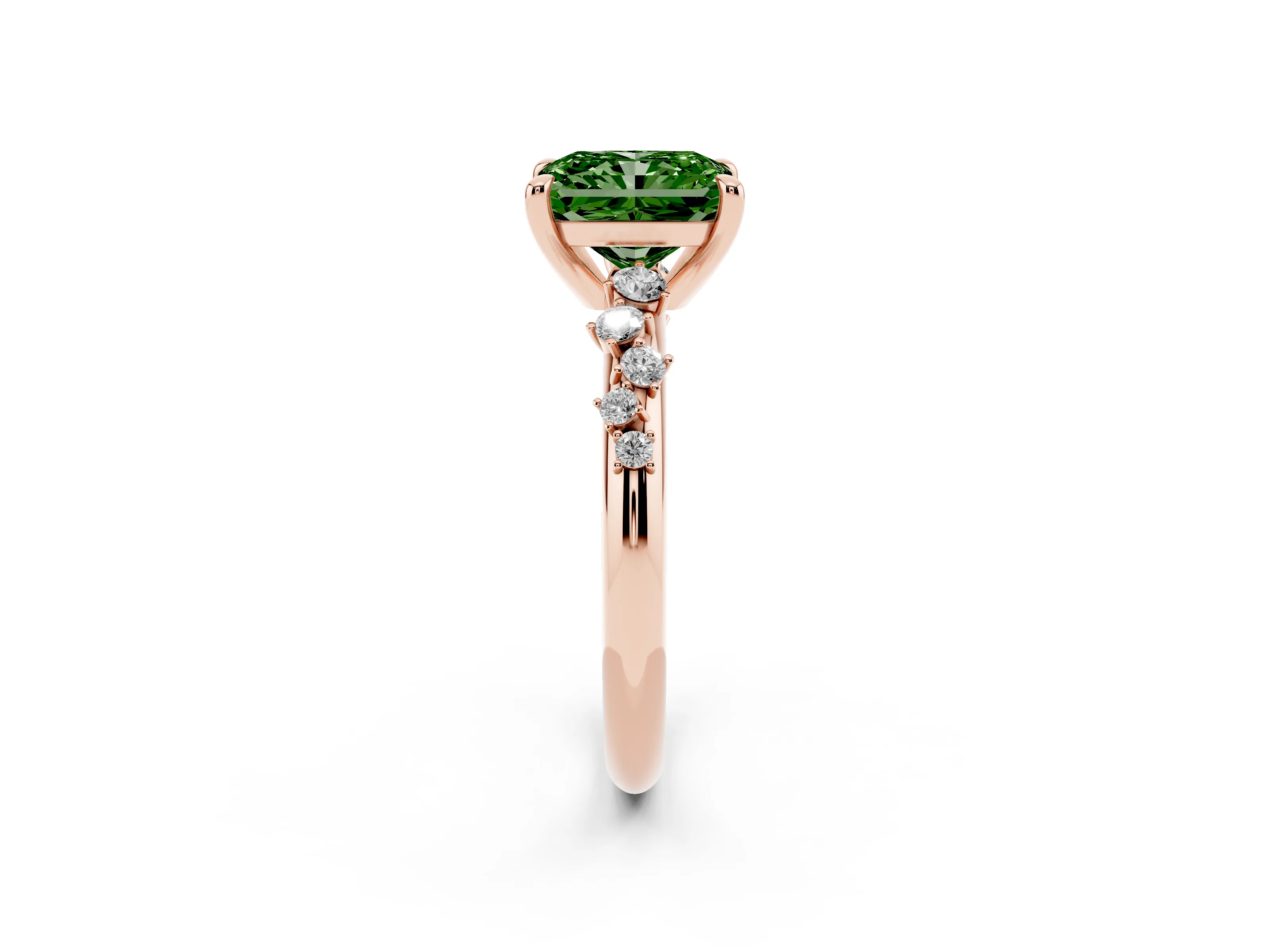 Fancy Green Radiant Cut Diamond Solitaire Vine Band Ring Set in Rose gold with Round Accents and Prong Setting