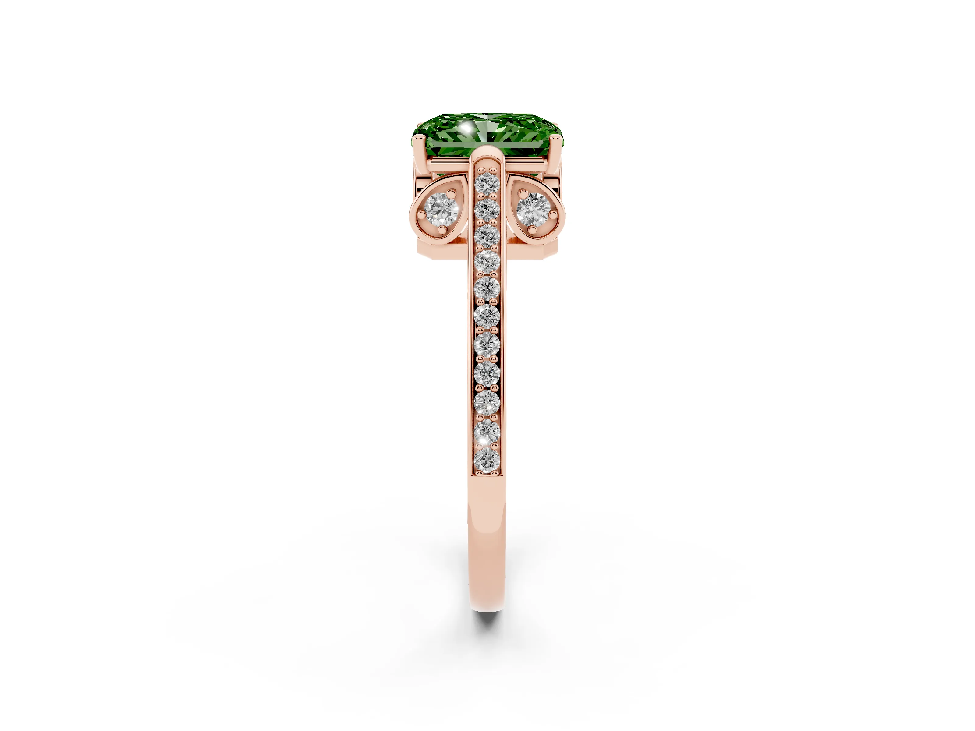 Fancy Green Radiant Cut Diamond Cathedral Pavé Engagement Ring Set in Rose gold with Prong Setting