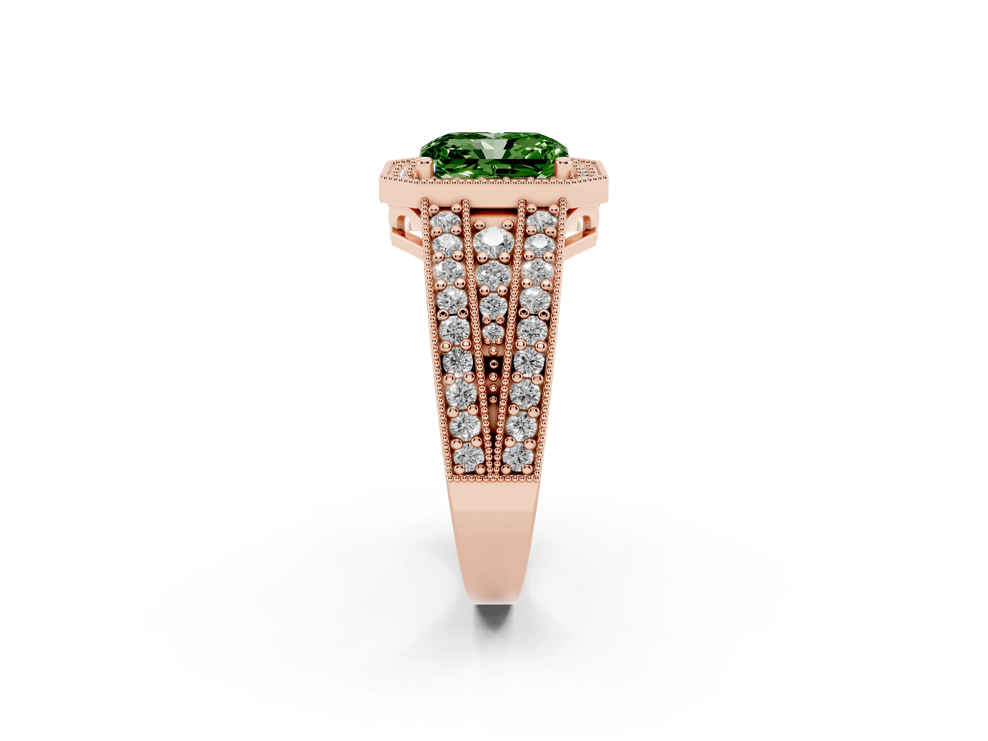Fancy Green Radiant Cut Diamond Halo Ring Set in Rose gold with Accent Split Shank and Prong Setting
