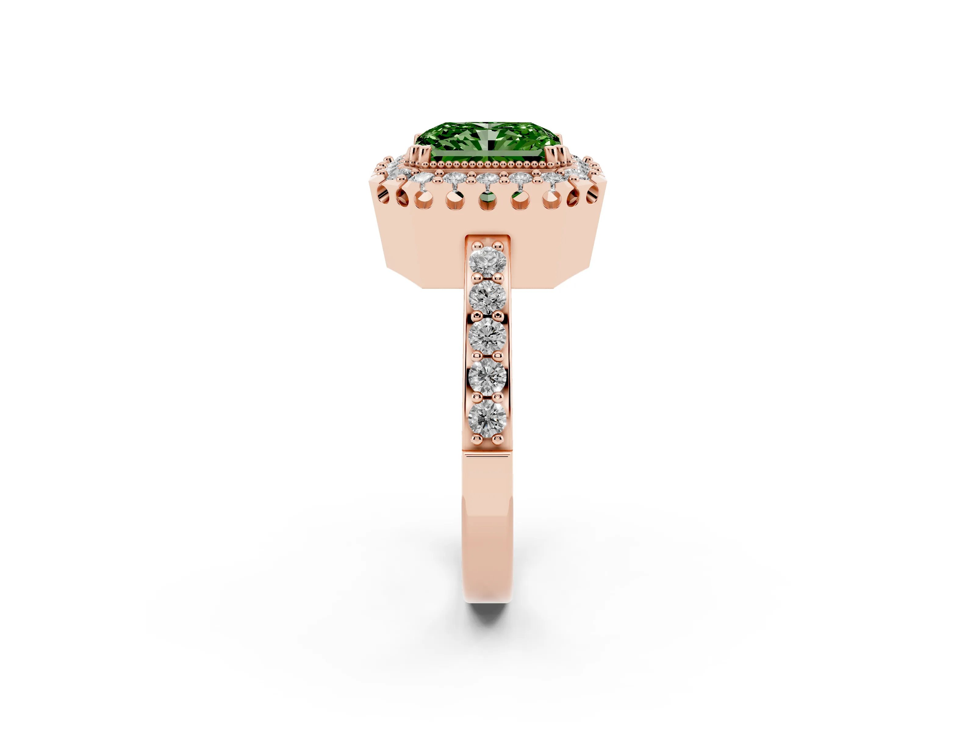 Fancy Green Radiant Cut Diamond Halo Ring Set in Rose gold with Pavé Shank and Prong Setting