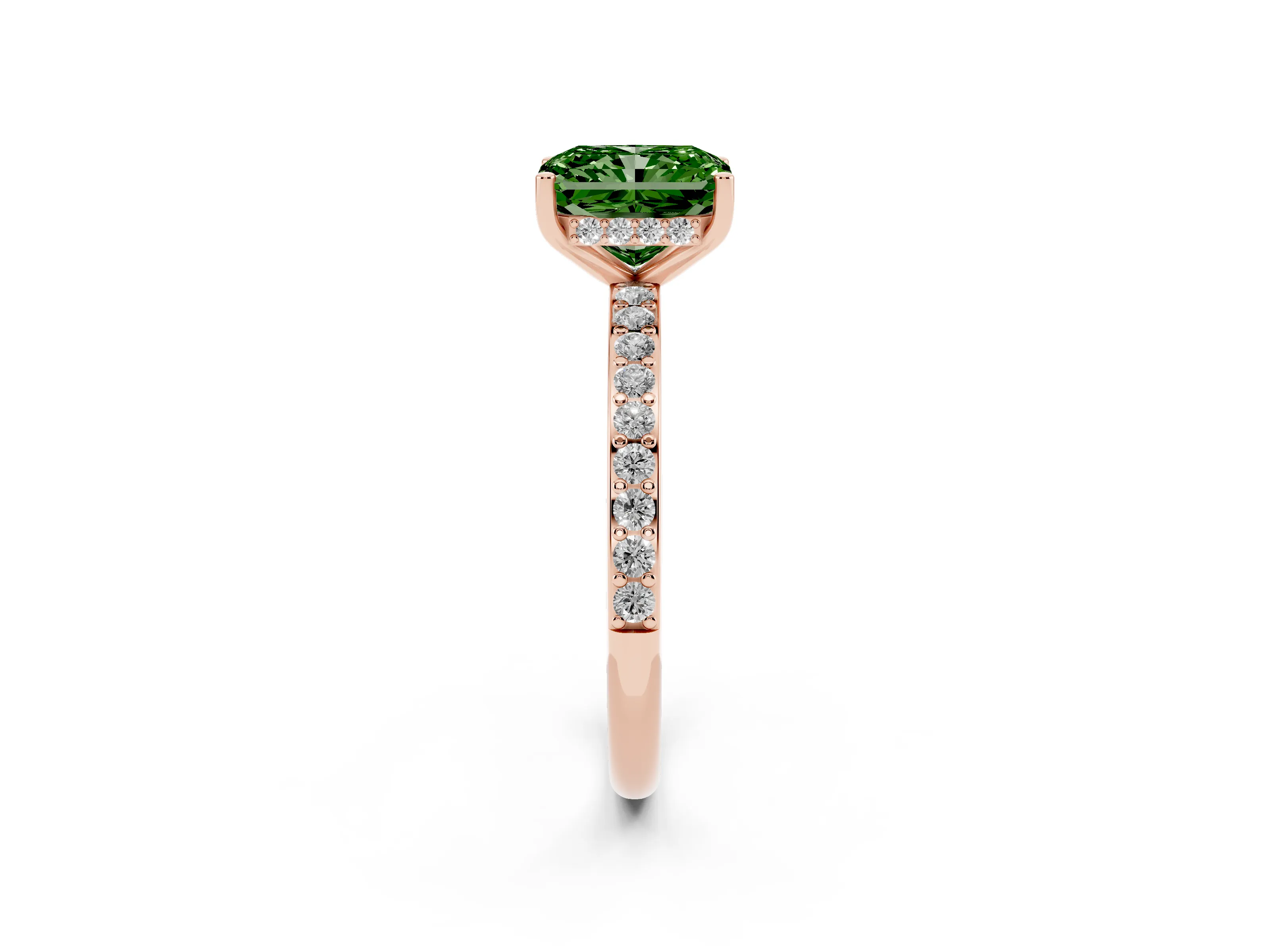 Fancy Green Radiant Cut Diamond Pavé Band Ring Set in Rose gold with Prong-Set Center Stone