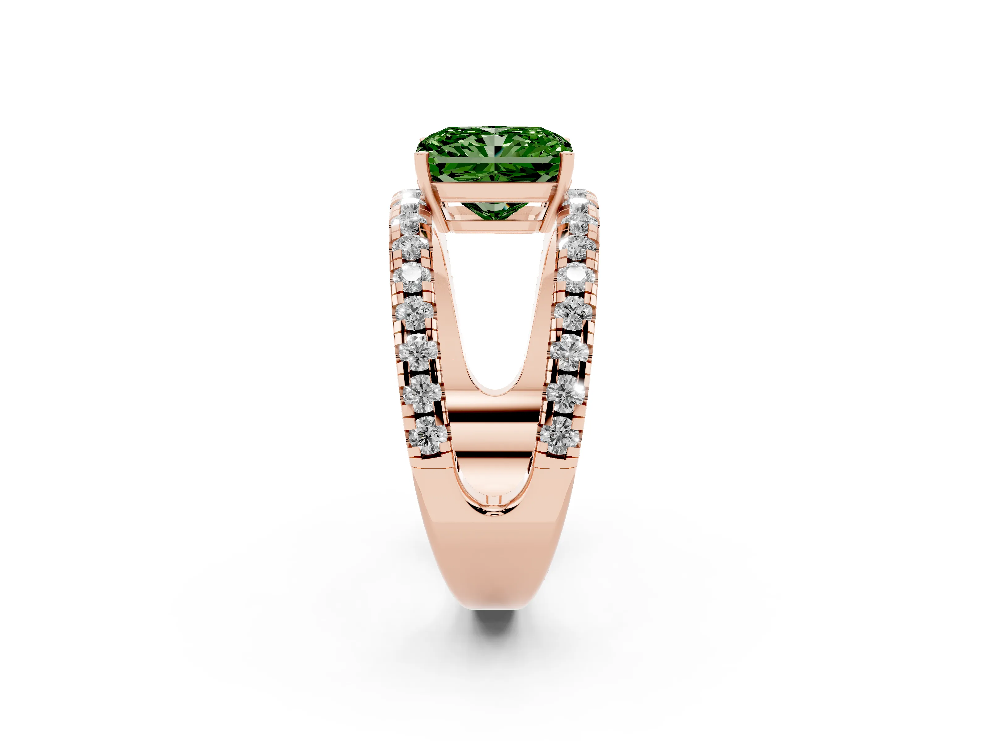 Fancy Green Radiant Cut Diamond Split Shank Pavé Solitaire Ring Set in Rose gold with Open Shank Design