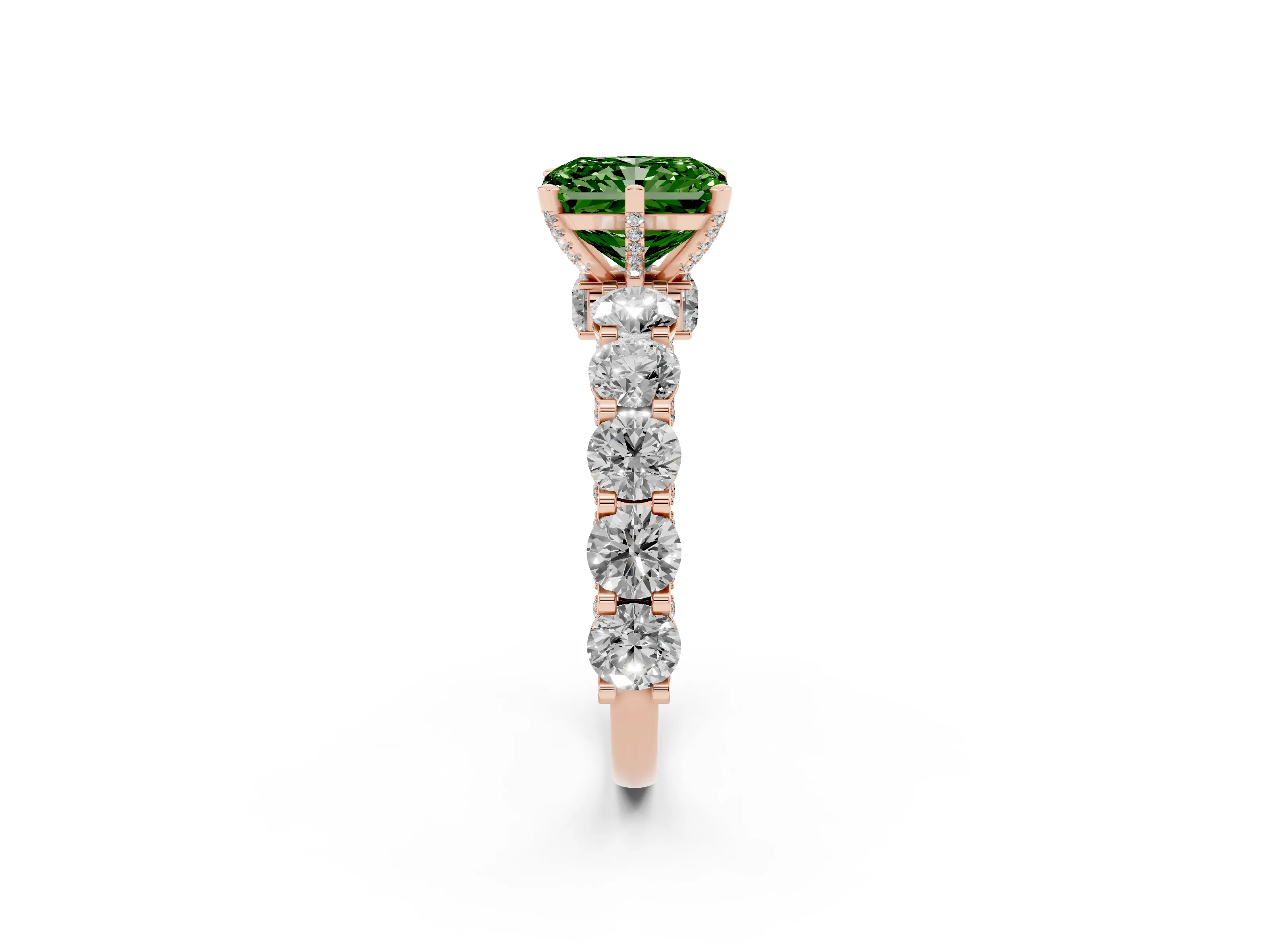 Fancy Green Radiant Cut Diamond Side Stone Ring Set in Rose gold with Alternating Round and Oval Side Stones