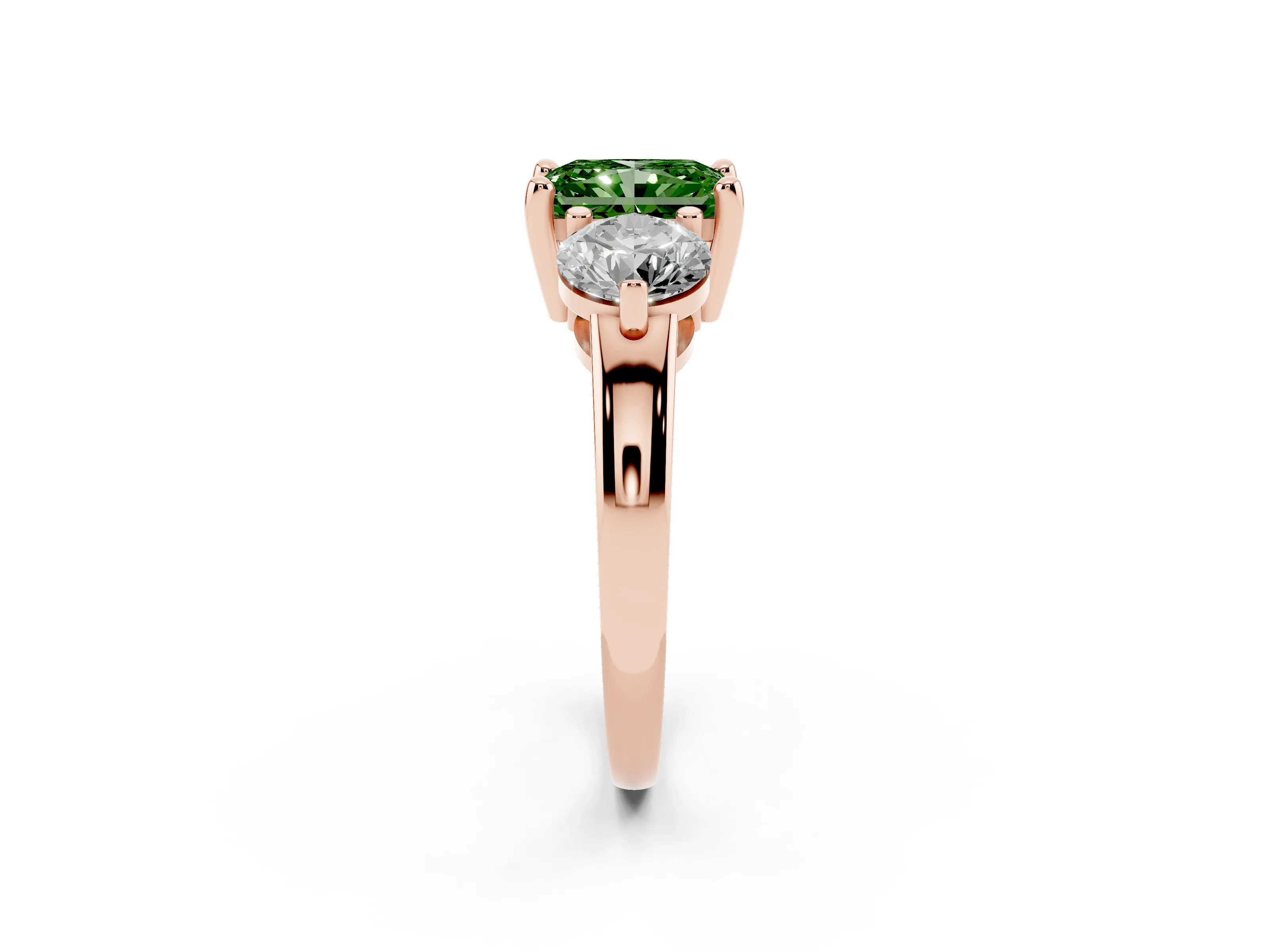Fancy Green Radiant Cut Diamond Three-Stone Ring Set in Rose gold with Prong Setting and Classic Band