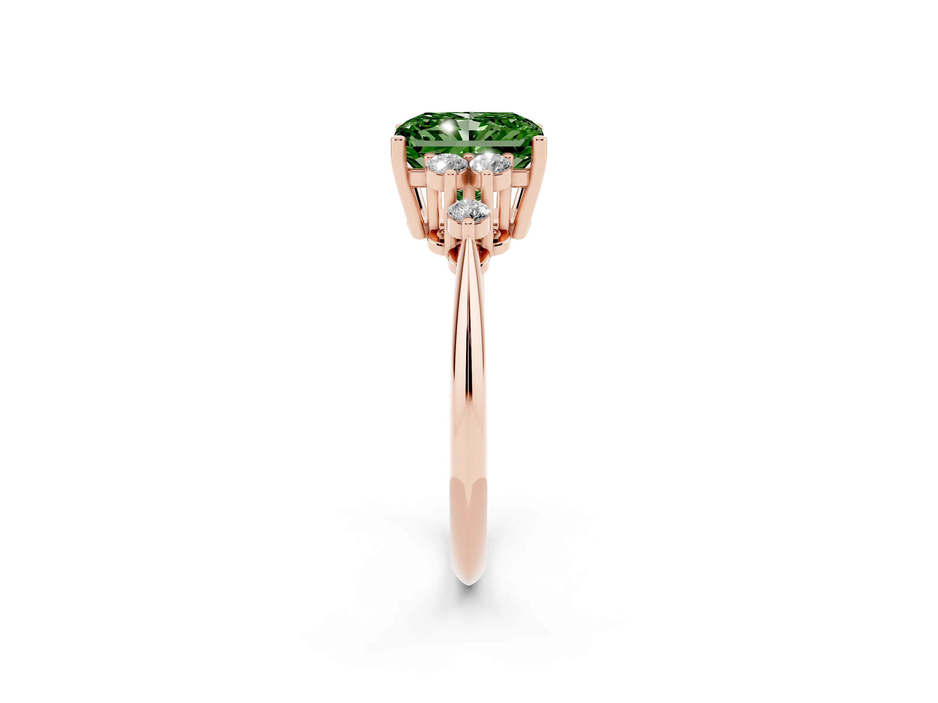 Fancy Green Radiant Cut Diamond Cluster Ring Set in Rose gold with Plain Band and Prong Setting