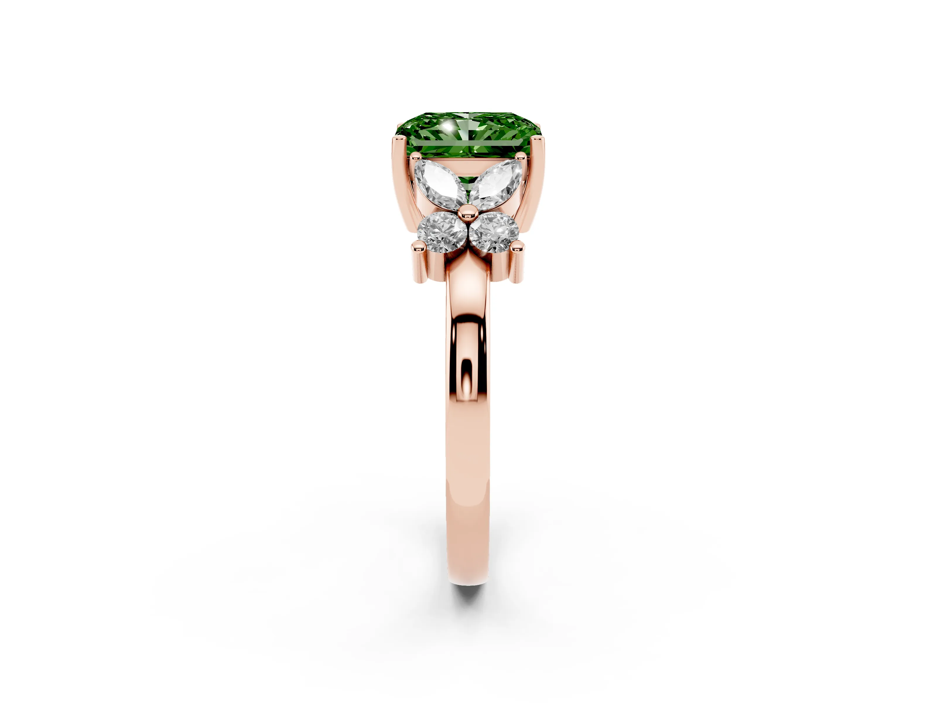 Fancy Green Radiant Cut Diamond Floral Cluster Ring Set in Rose gold with Marquise Petals and Prong Setting