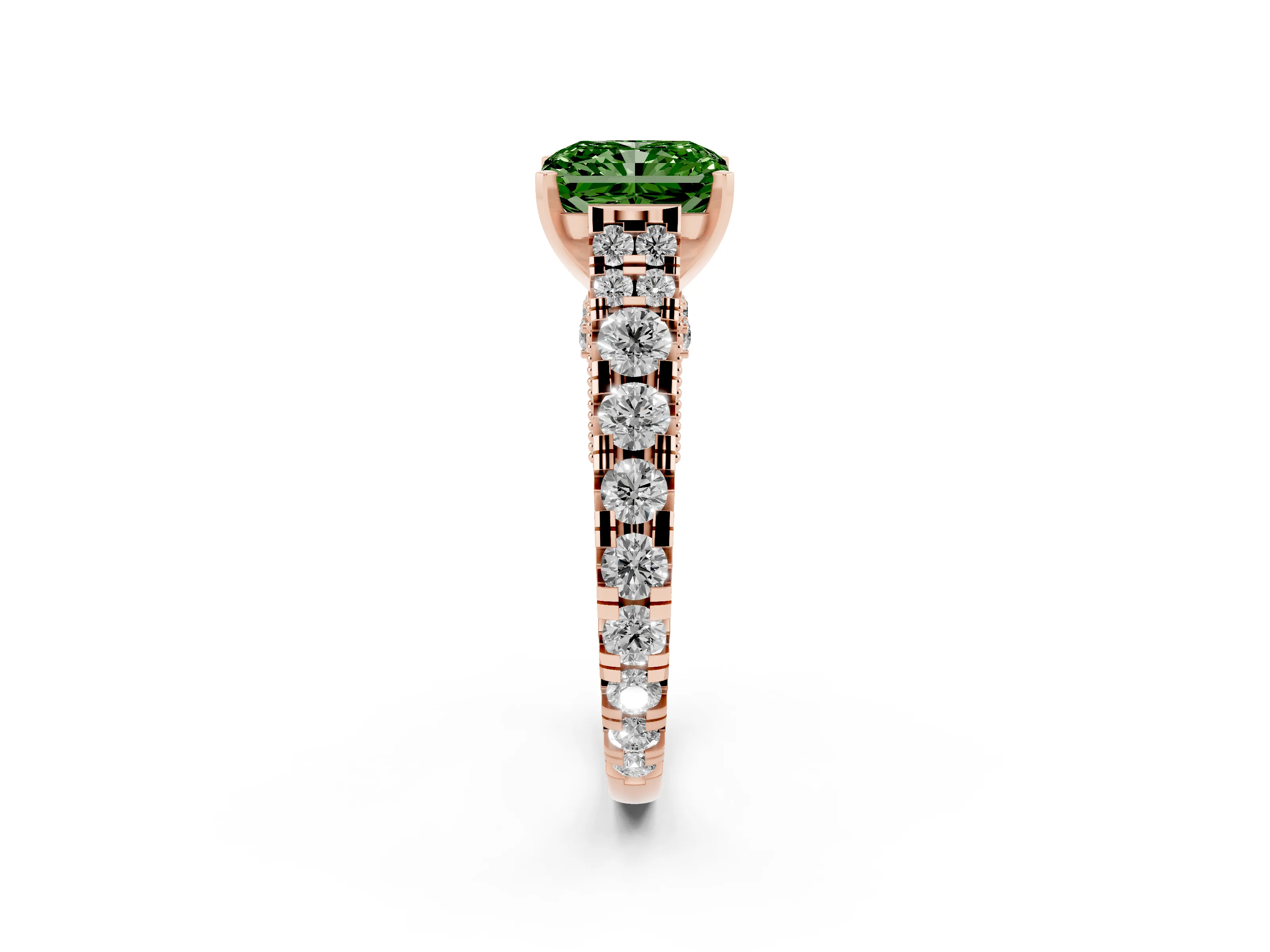 Fancy Green Radiant Cut Diamond Classic Solitaire Ring Set in Rose gold with Pavé Band and Prong Setting