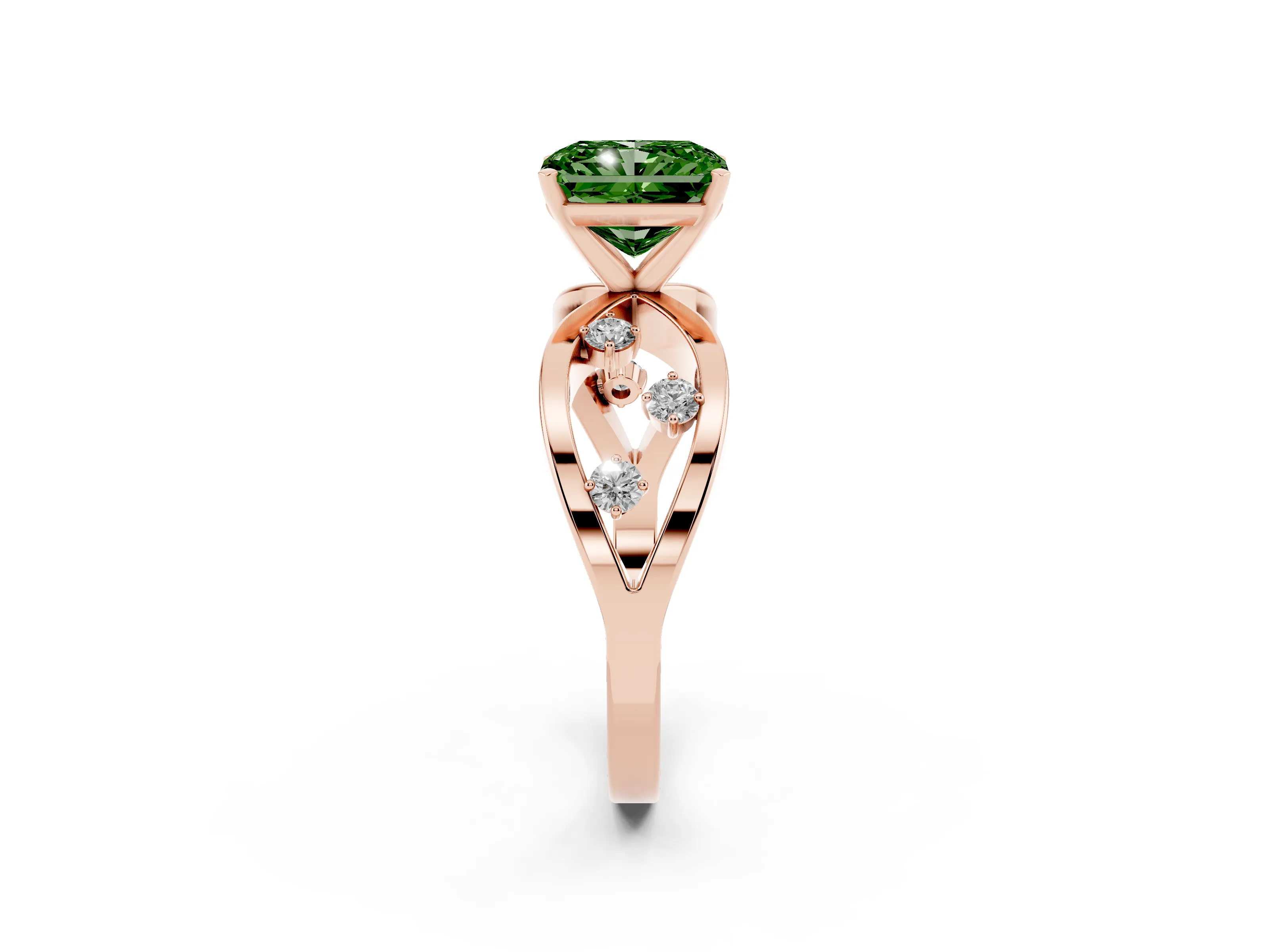 Fancy Green Radiant Cut Diamond Solitaire Ring Set in Rose gold with Side Stones on Criss-Cross Band and Prong Setting