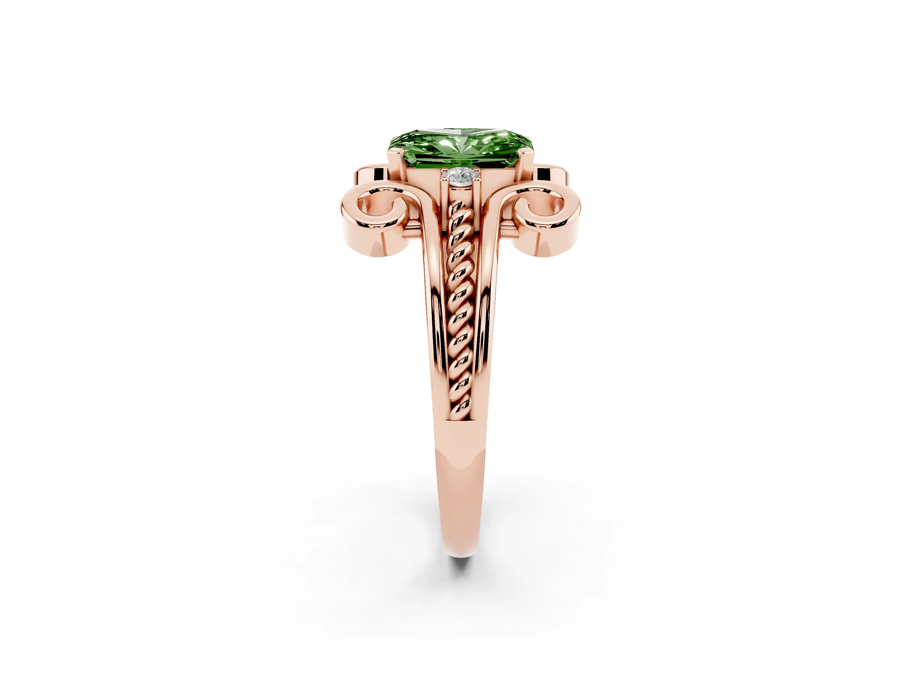 Fancy Green Radiant Cut Diamond Twisted Band Solitaire Ring Set in Rose gold with Scroll Prongs