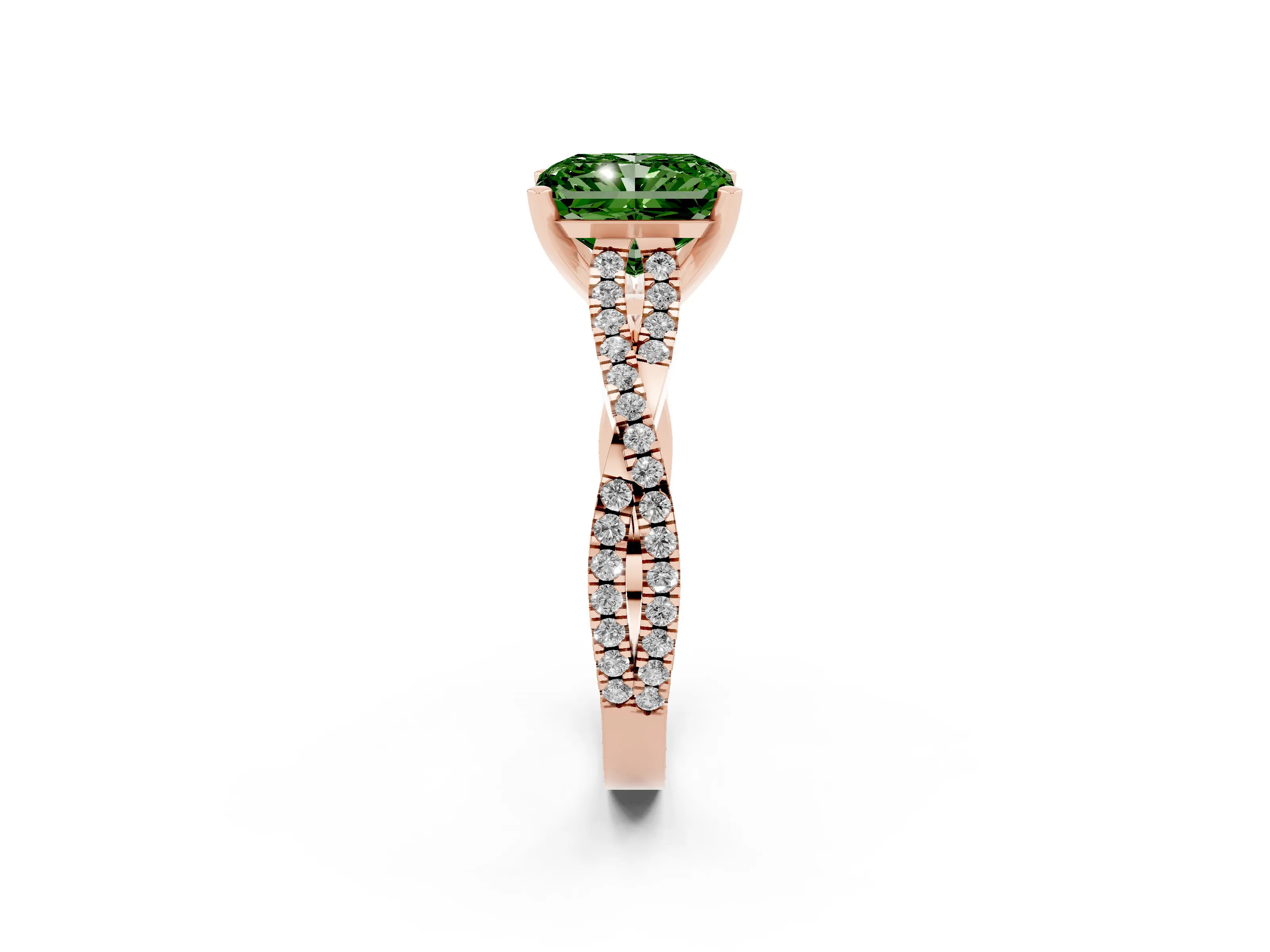 Fancy Green Radiant Cut Diamond Solitaire Engagement Ring Set in Rose gold with Twisted Pavé Band and Prong Setting