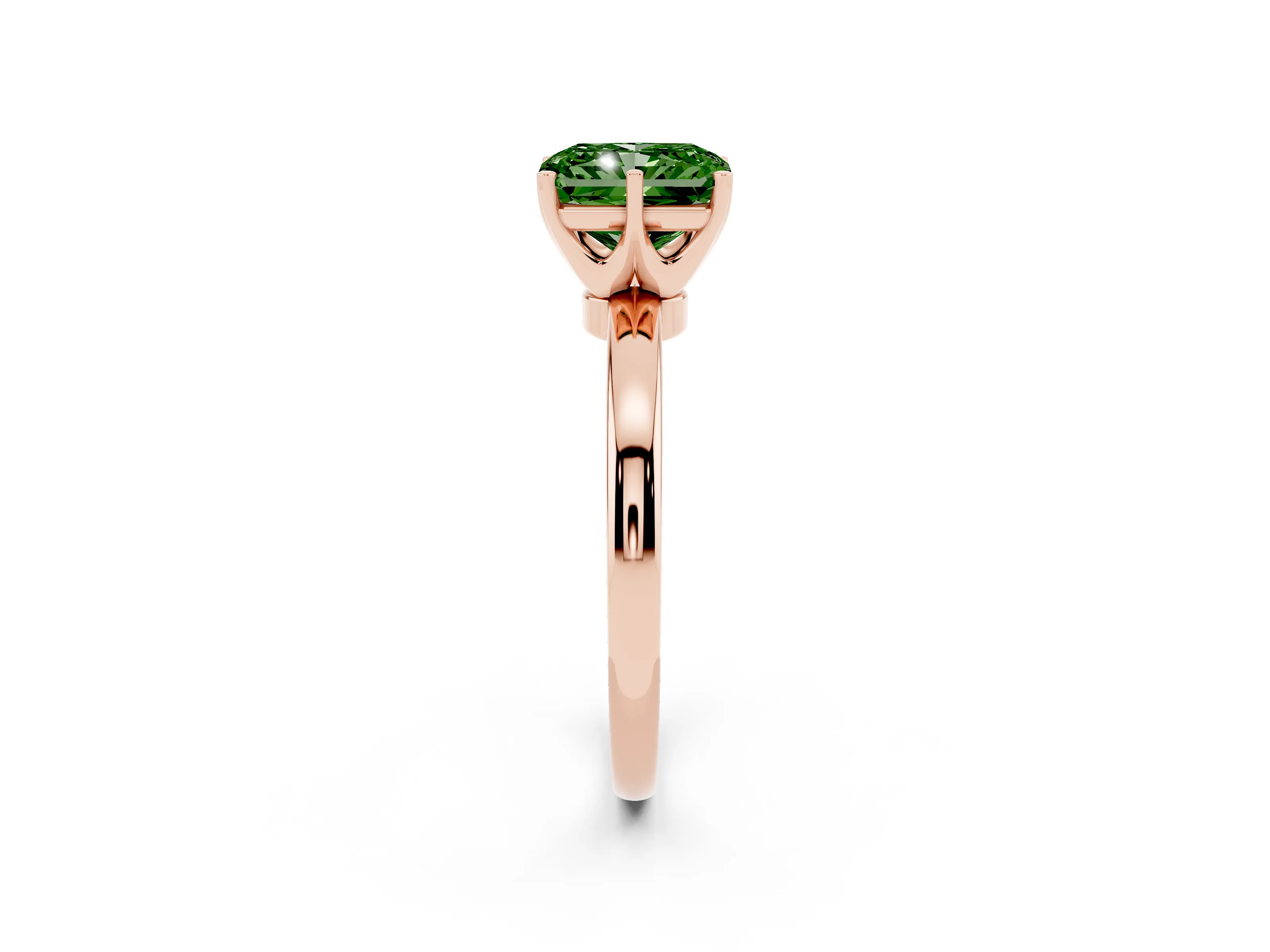Fancy Green Radiant Cut Diamond Solitaire Ring Set in Rose gold with Raised Prong Setting on a Classic Band