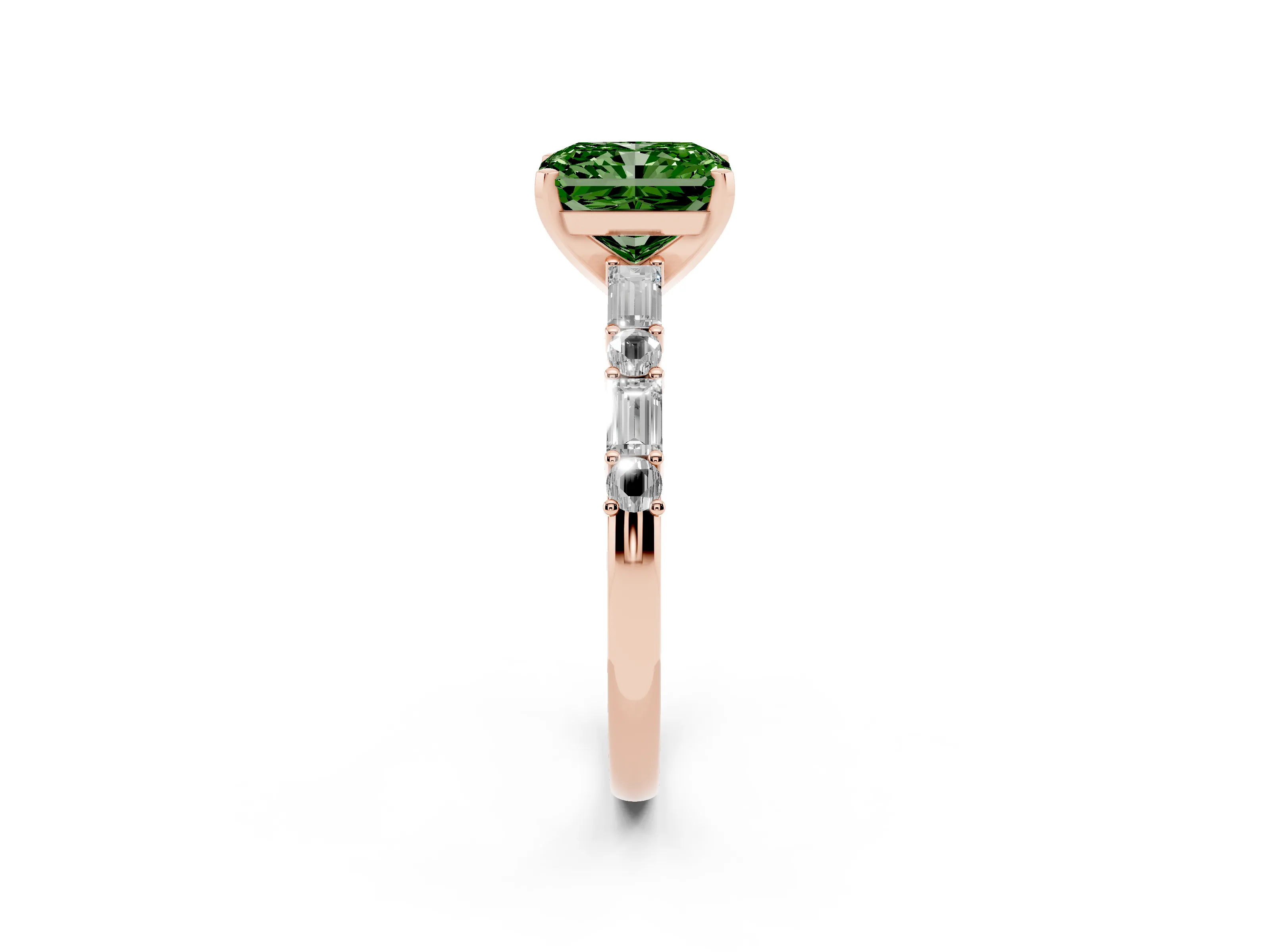 Fancy Green Radiant Cut Diamond Solitaire Set in Rose gold with Side Baguettes and Channel Set Band