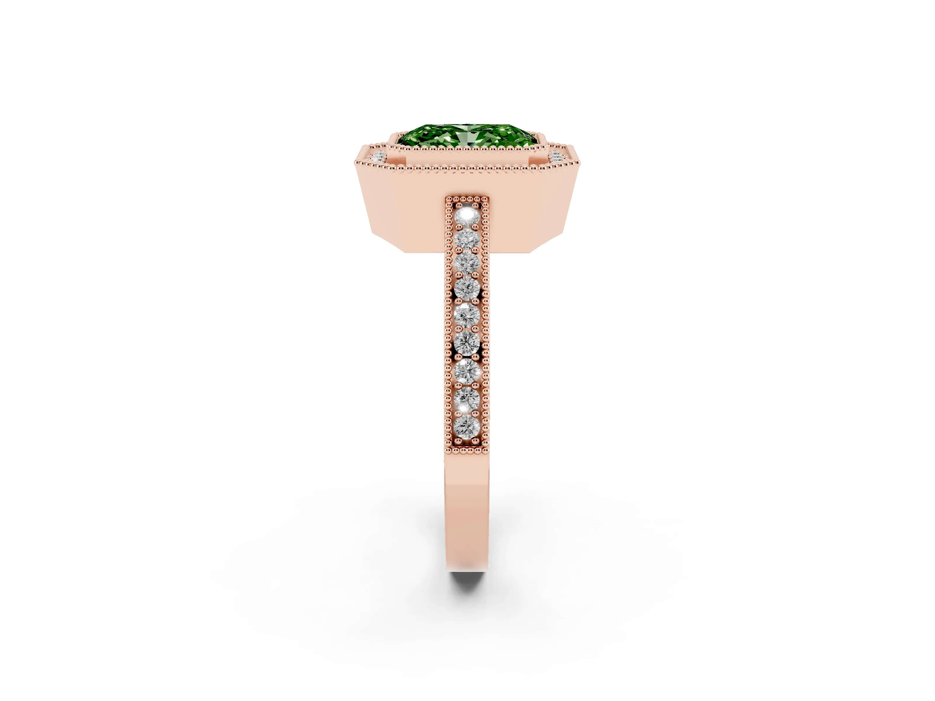 Fancy Green Radiant Cut Diamond Round Halo Ring Set in Rose gold with Pavé Band