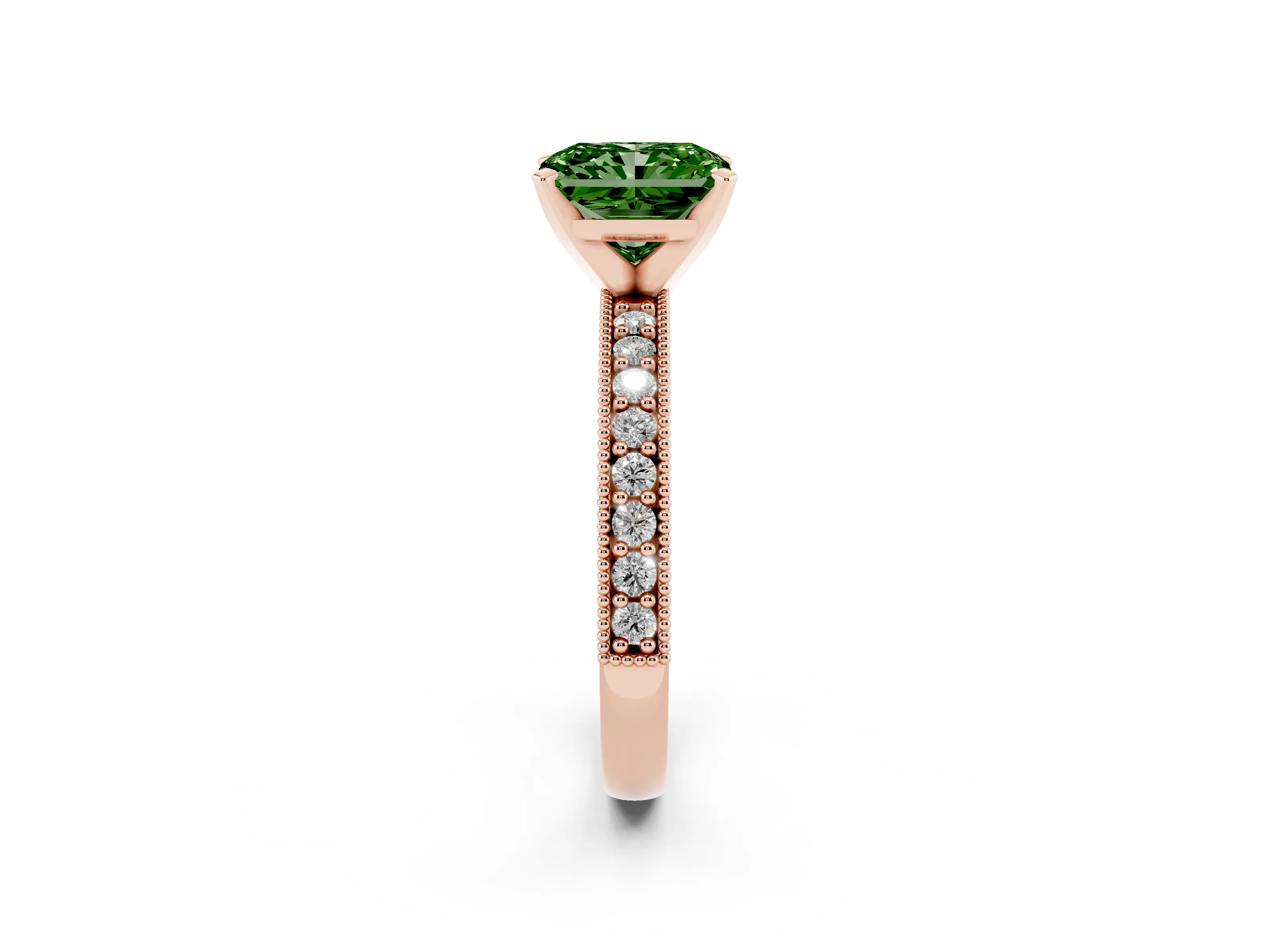 Fancy Green Radiant Cut Diamond Milgrain Pavé Engagement Ring Set in Rose gold with Prong Setting