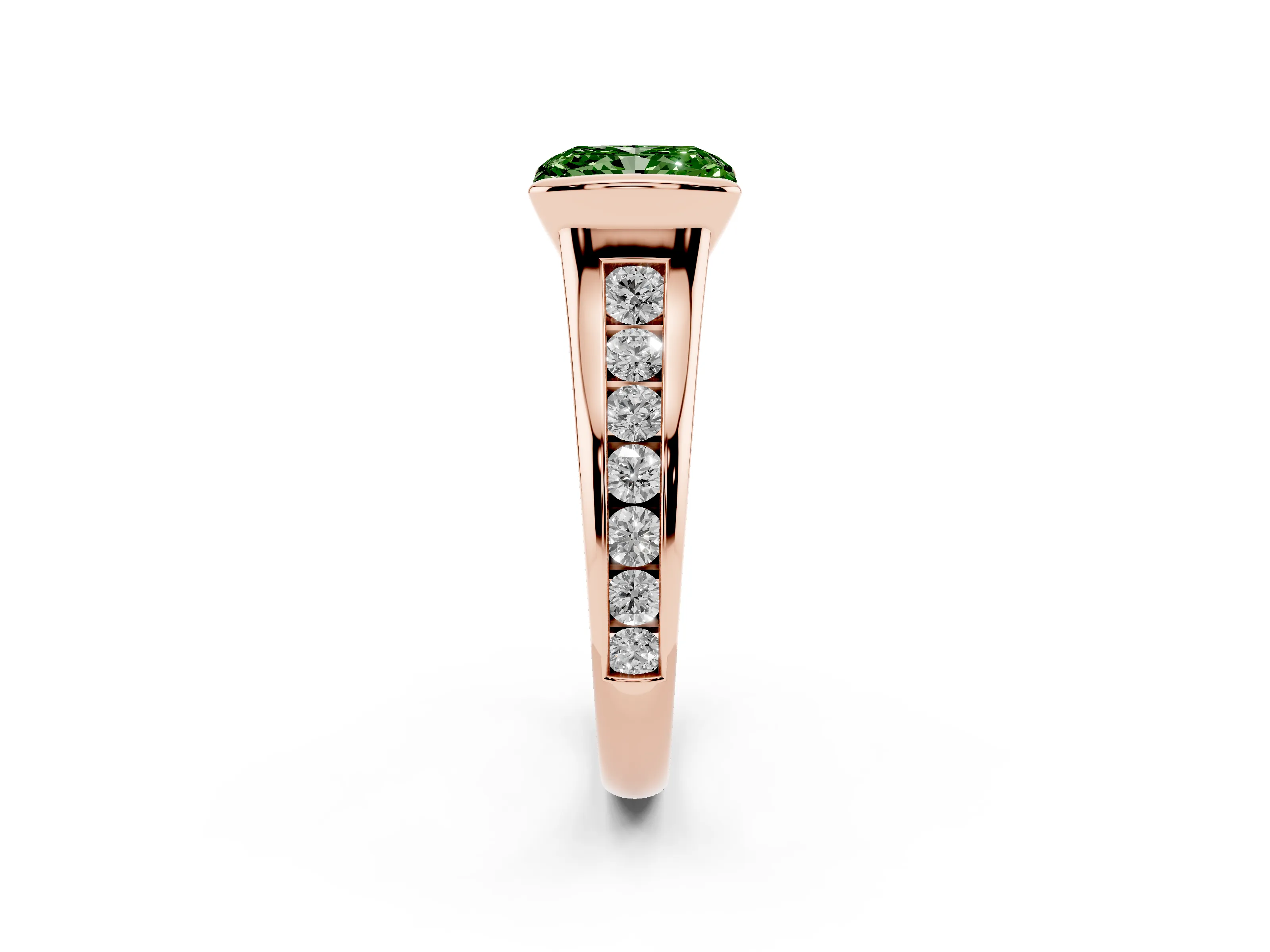 Fancy Green Radiant Cut Diamond Bezel-Set Solitaire Ring Set in Rose gold with Channel-Set Band