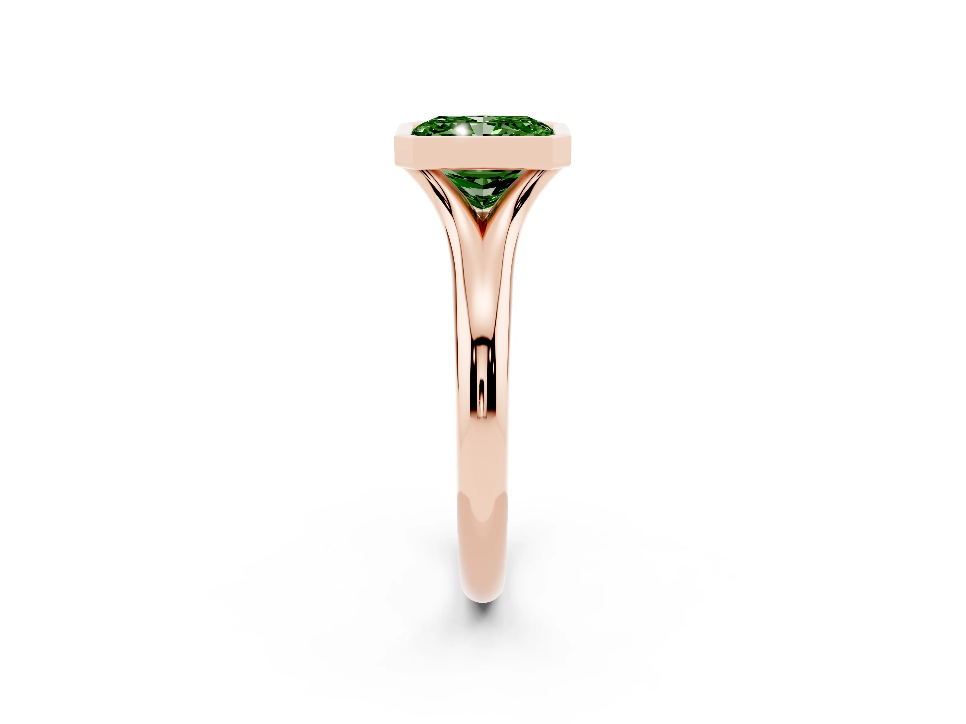Fancy Green Bezel Set Radiant Cut Diamond Solitaire Ring Set in Rose gold with Smooth Band